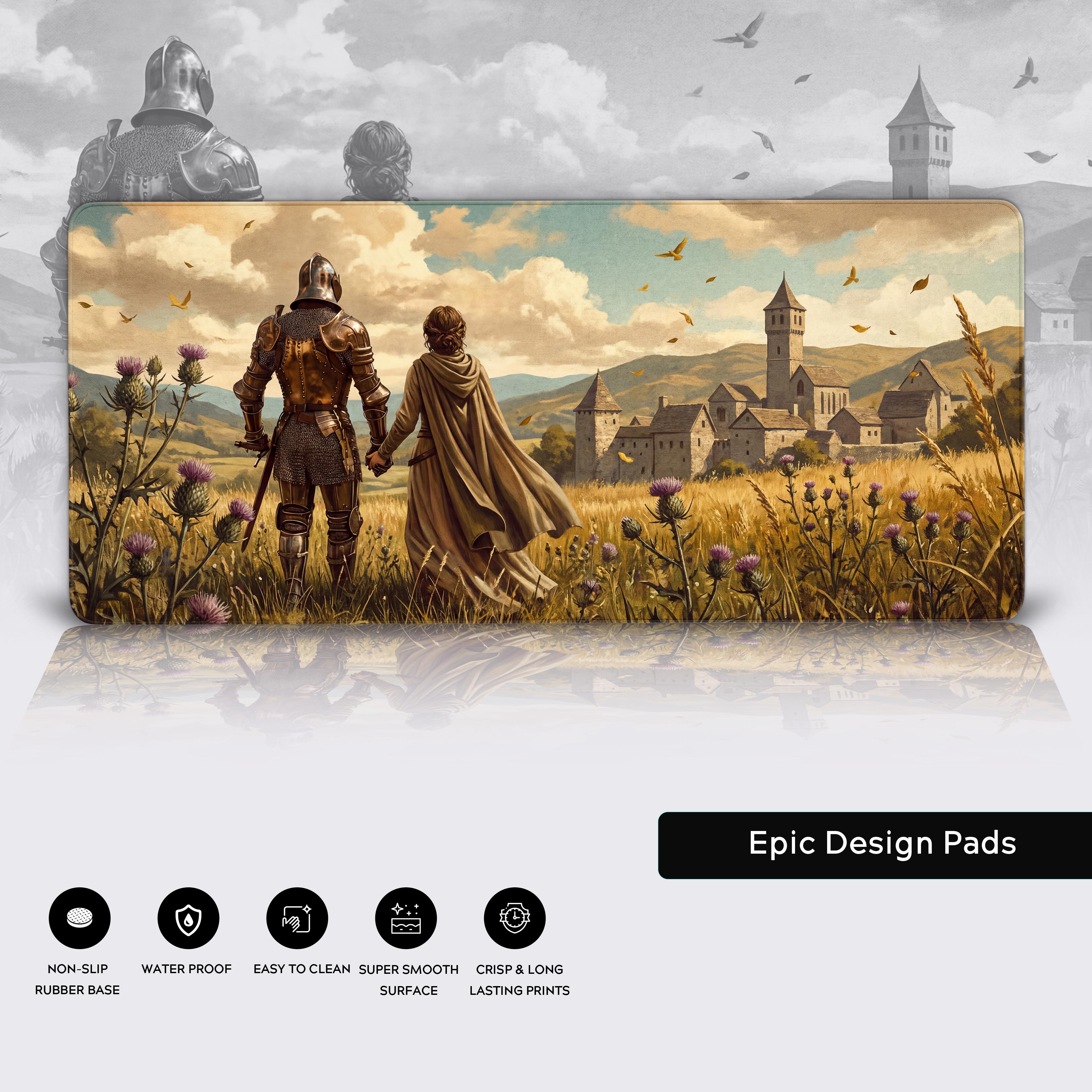 A close-up of The Homecoming gaming desk mat, highlighting the smooth fabric texture and durable stitched edges of the knight and castle design. - Epic Design Pads & Mousepads