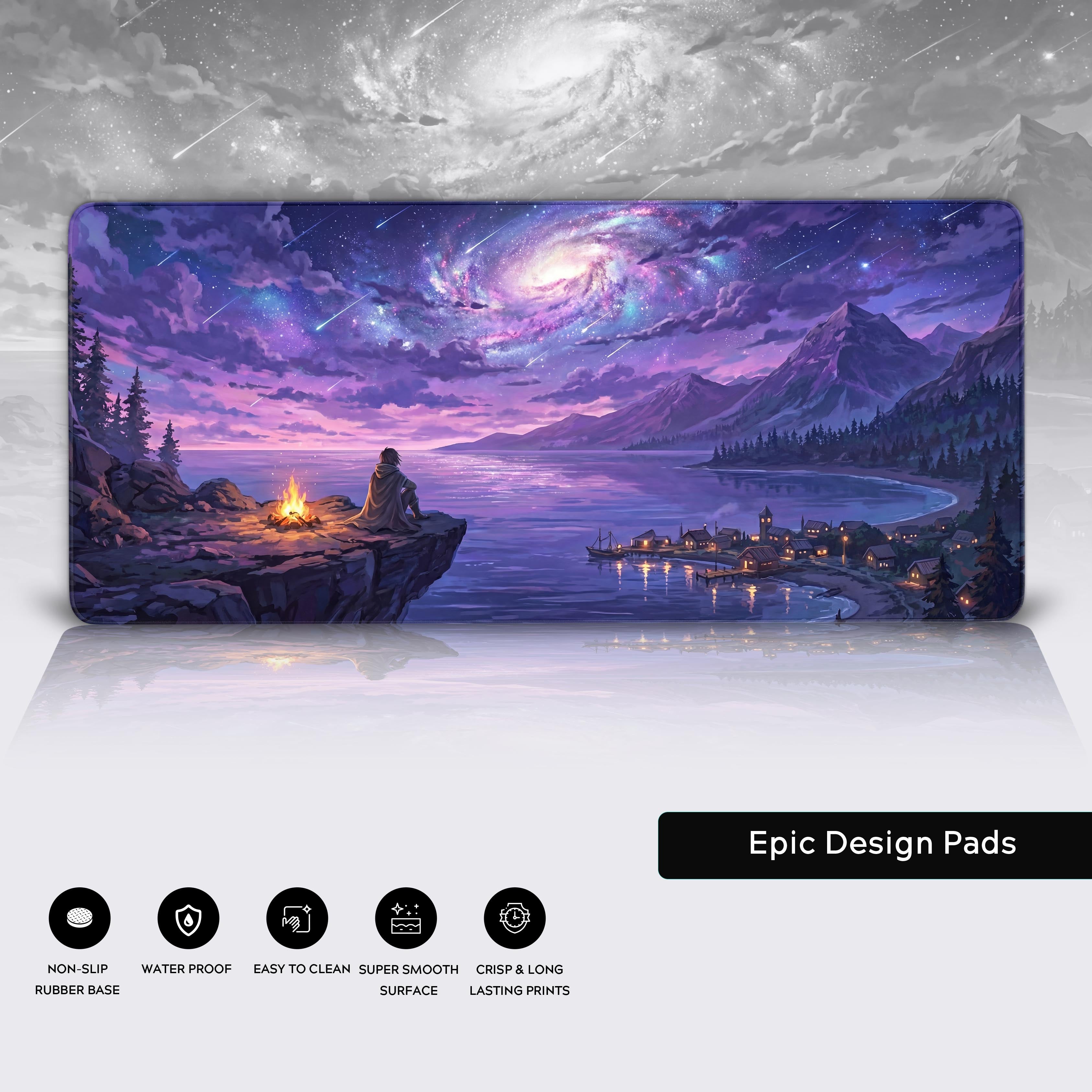 A close-up of the Starlit Vigil gaming desk mat showcasing the high-quality fabric texture and durable stitched edges, with the fantasy mountain and lake design visible. - Epic Design Pads & Mousepads