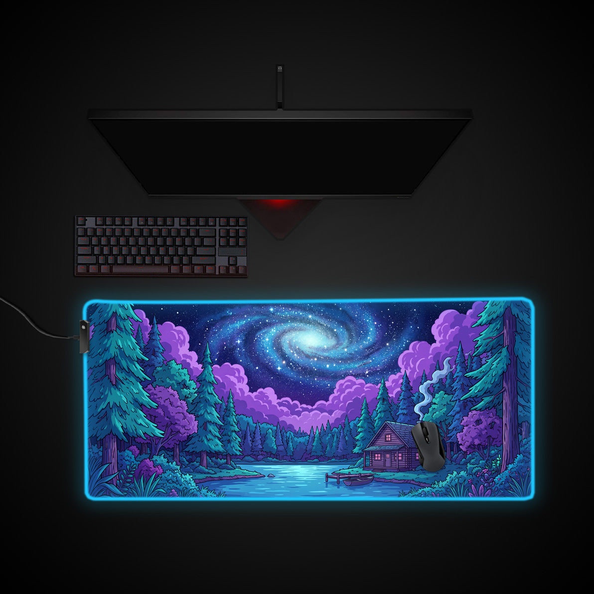 Cosmic Cabin desk mat with RGB edge lighting