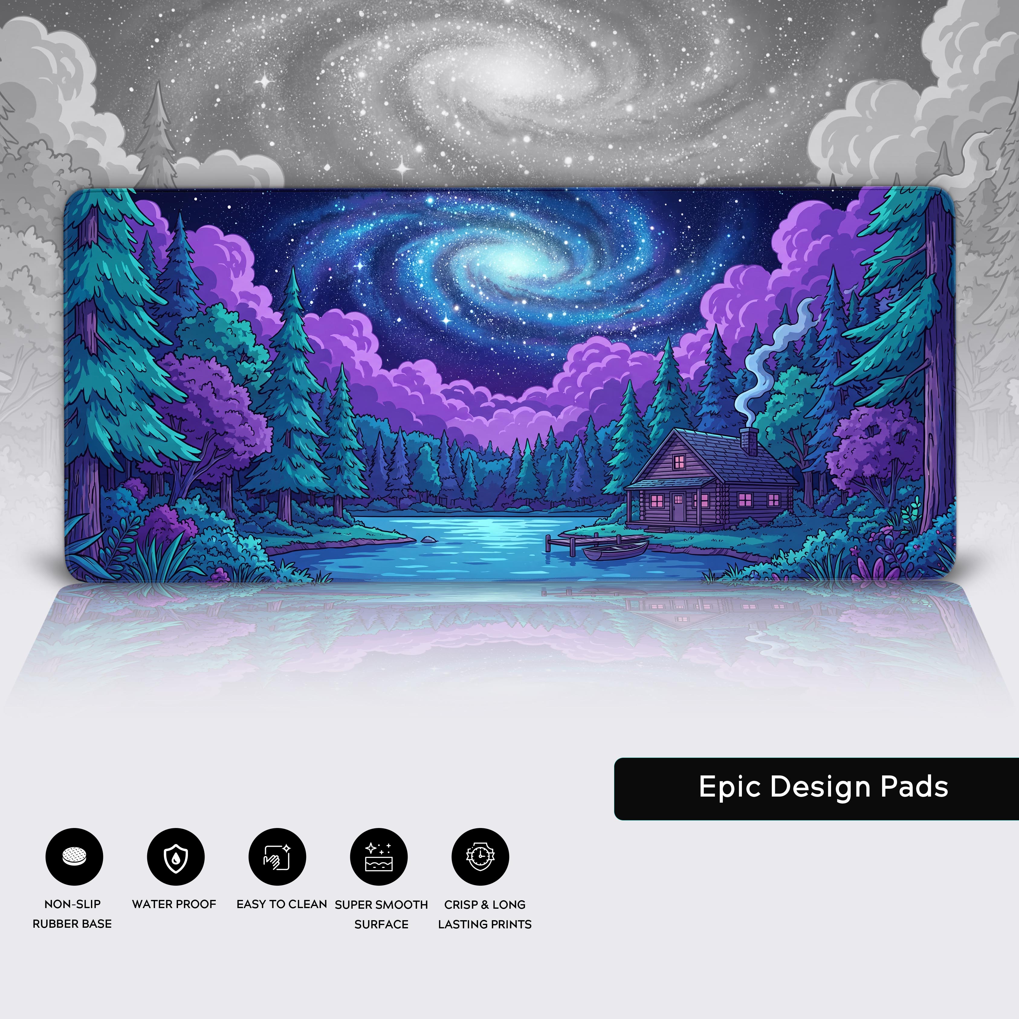 A close-up of the Cosmic Cabin gaming desk mat, highlighting the detailed art, smooth fabric texture, and durable stitched edges for long-lasting use. - Epic Design Pads & Mousepads