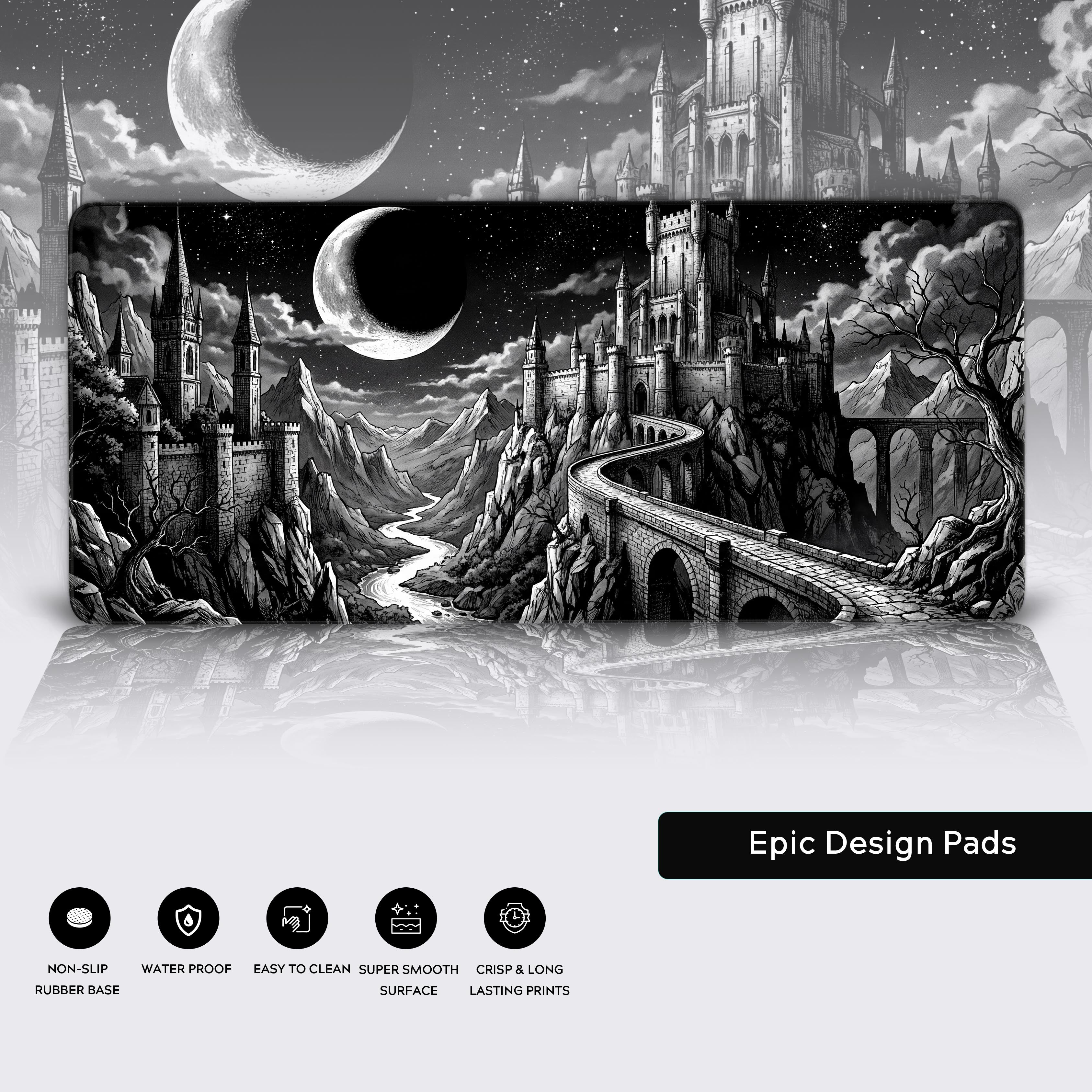 A close-up of the Moonlit Bastion mouse pad showing the detailed monochrome art, smooth fabric texture, and durable anti-fray stitched edges. - Epic Design Pads & Mousepads