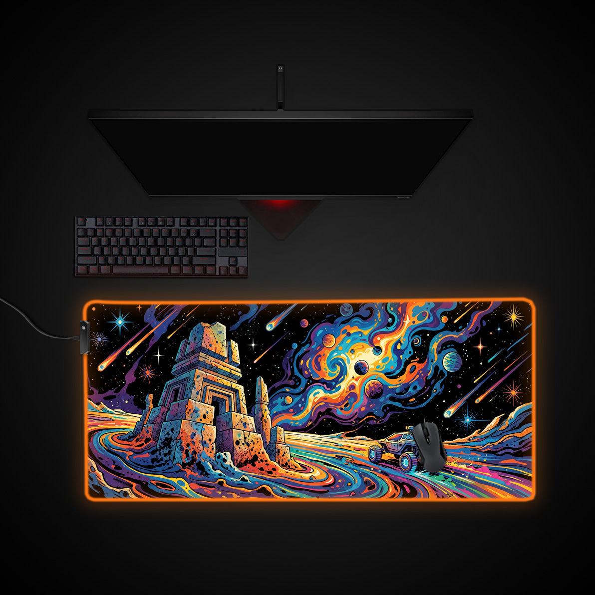 Psychedelic Frontier desk mat with RGB edge lighting
