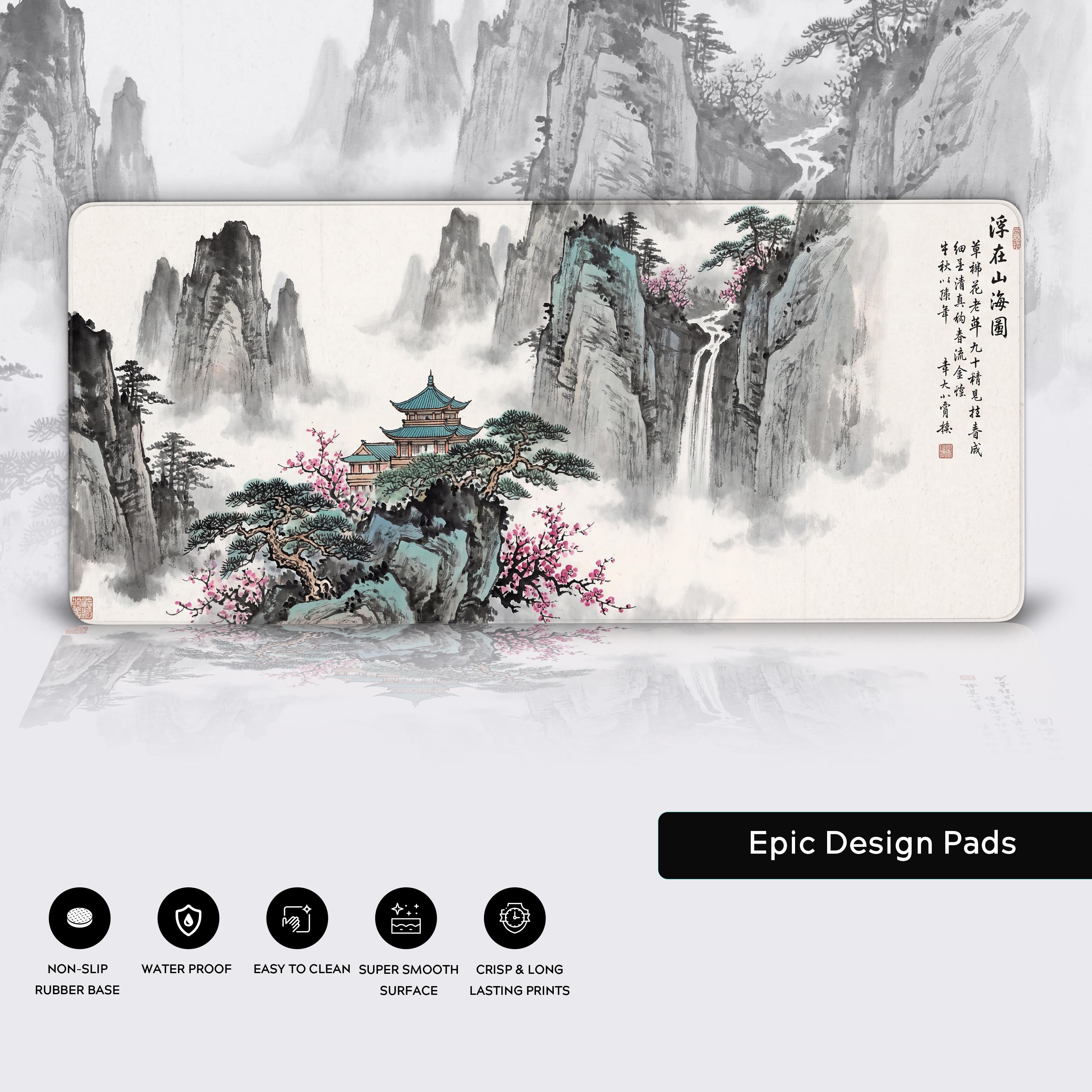 Close-up of the Misty Pavilion mouse pad's smooth surface and durable stitched edges, highlighting the detailed ink wash painting of mountains and a waterfall. - Epic Design Pads & Mousepads