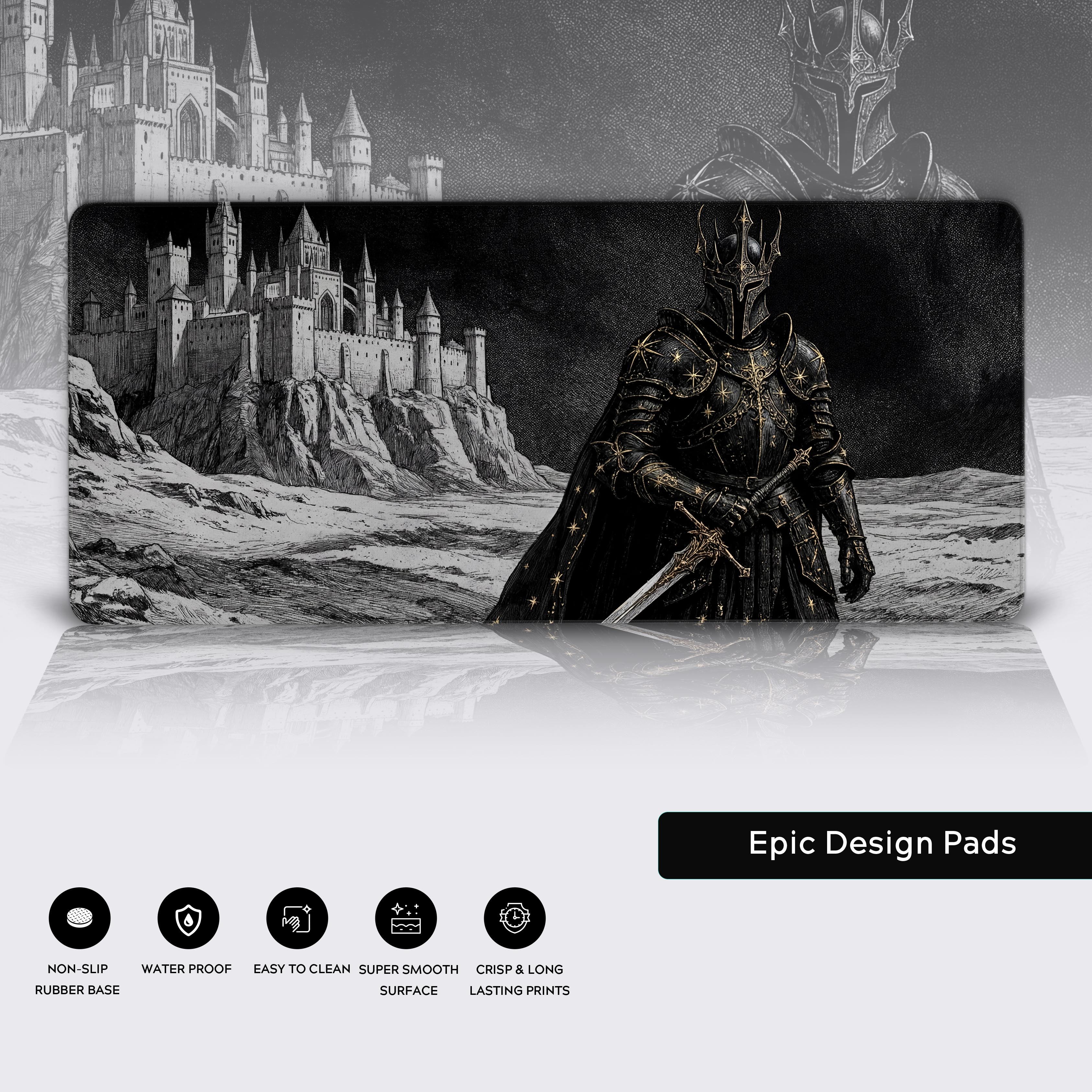 Close-up of the Obsidian Sovereign gaming desk mat, highlighting the premium fabric texture, stitched edges, and detailed vintage-style knight artwork. - Epic Design Pads & Mousepads
