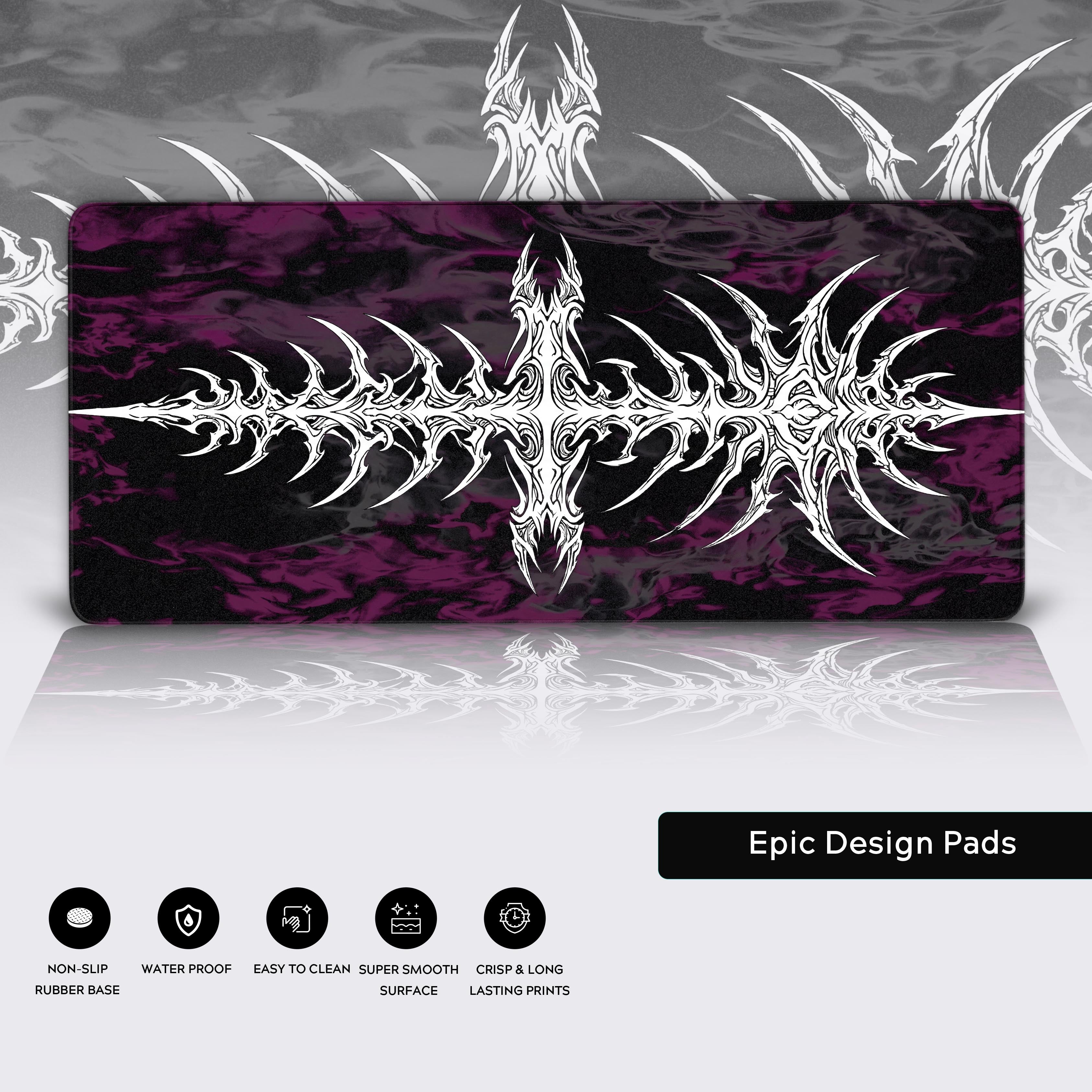 Close-up of the Digital Vertebrae gaming desk mat showing the smooth texture and durable stitched edges, highlighting the intricate, bone-like white pattern. - Epic Design Pads & Mousepads