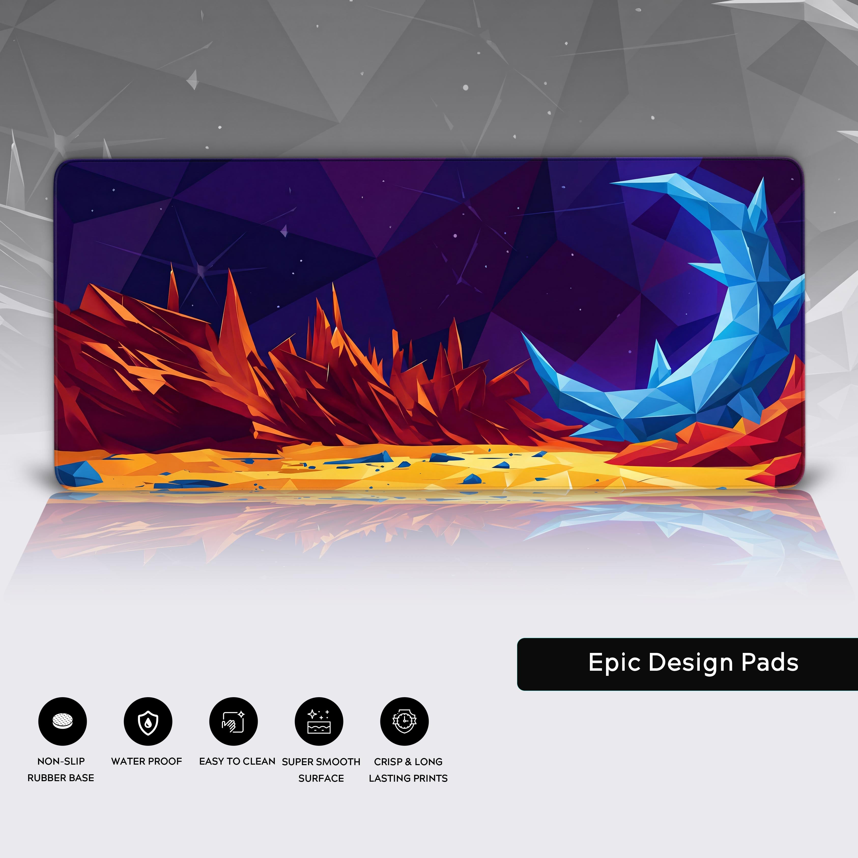 A close-up of the 'Fractured Luna' mouse pad reveals its high-quality fabric texture and durable stitched edges, highlighting the sharp details of the geometric crystal moon design. - Epic Design Pads & Mousepads