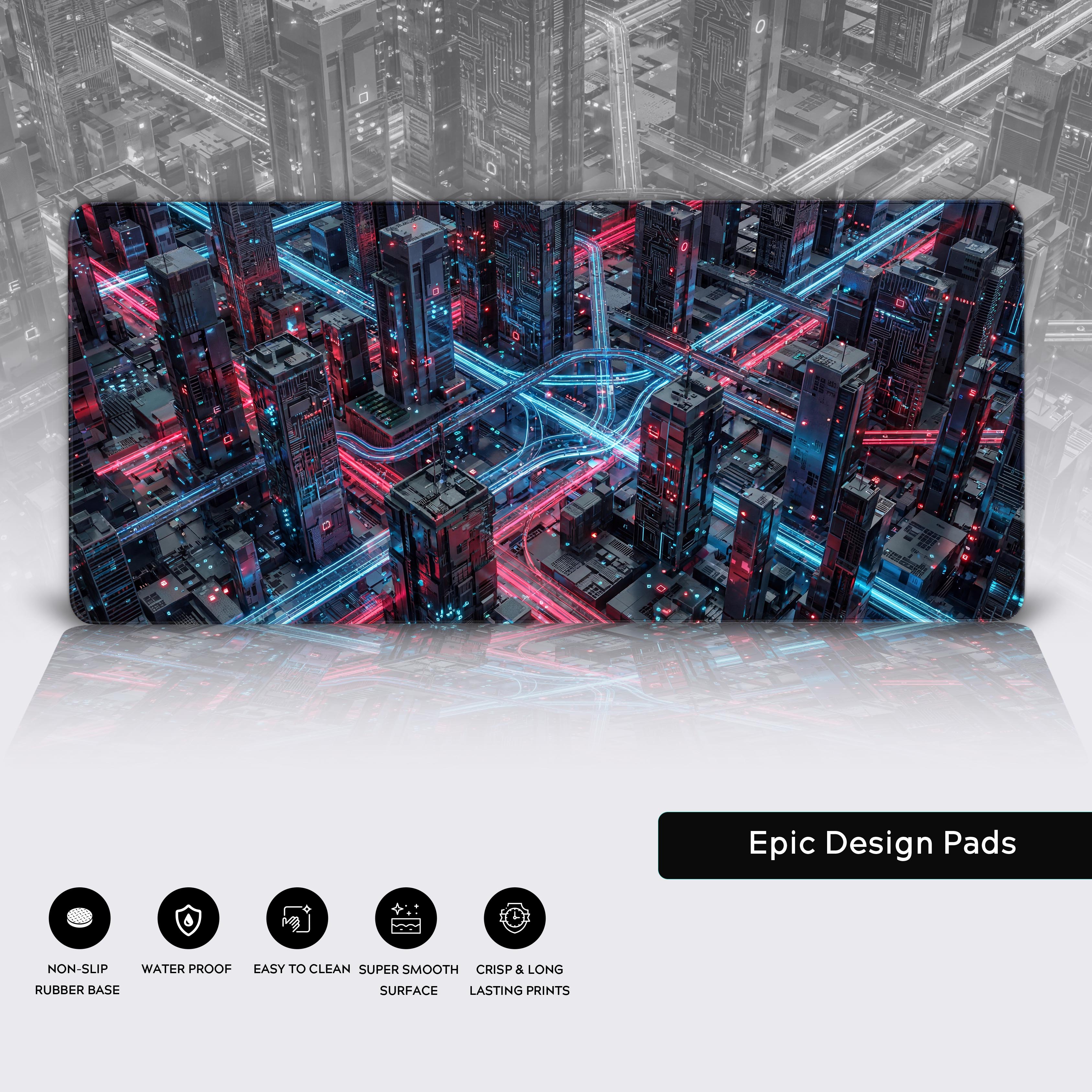 A close-up view of the Neon Nexus mouse pad, highlighting the detailed futuristic city print, smooth surface texture, and durable stitched edges. - Epic Design Pads & Mousepads
