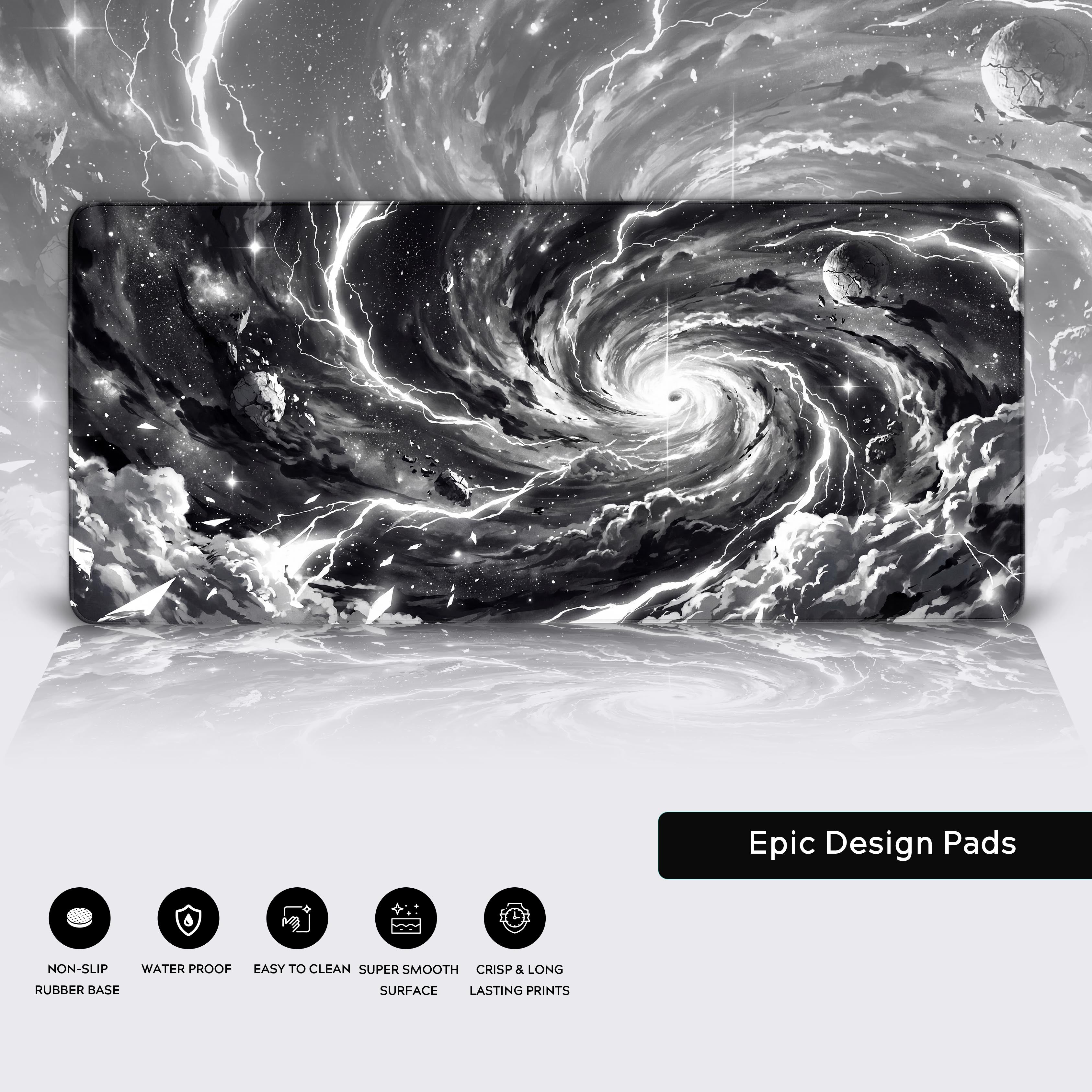 Close-up of the Singularity Void gaming desk mat, highlighting the detailed monochrome space art, smooth fabric texture, and durable anti-fray stitched edges. - Epic Design Pads & Mousepads