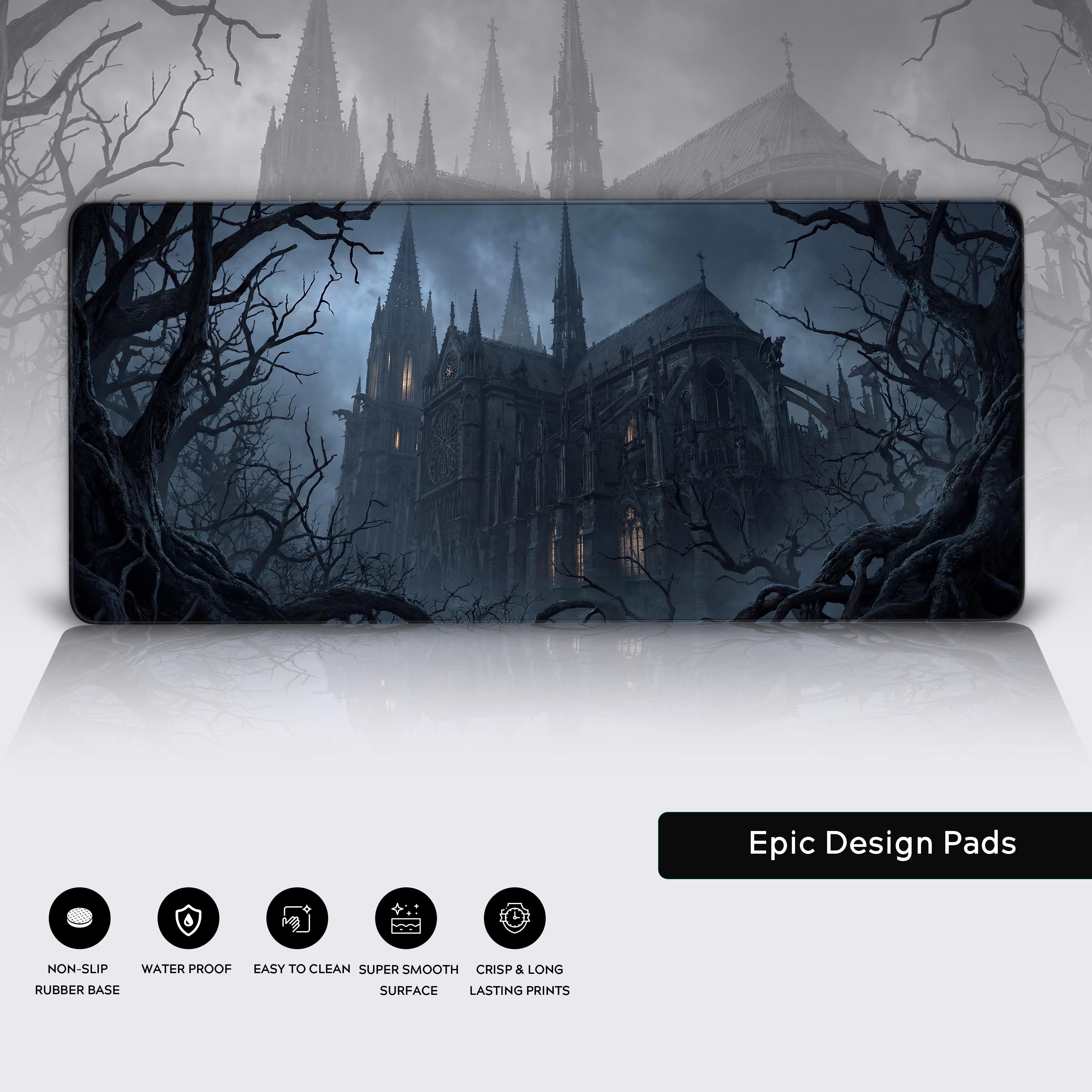 A close-up of the 'Silent Abbey' gaming desk mat, highlighting the detailed print of the gothic architecture and the durable, anti-fray stitched edges. - Epic Design Pads & Mousepads