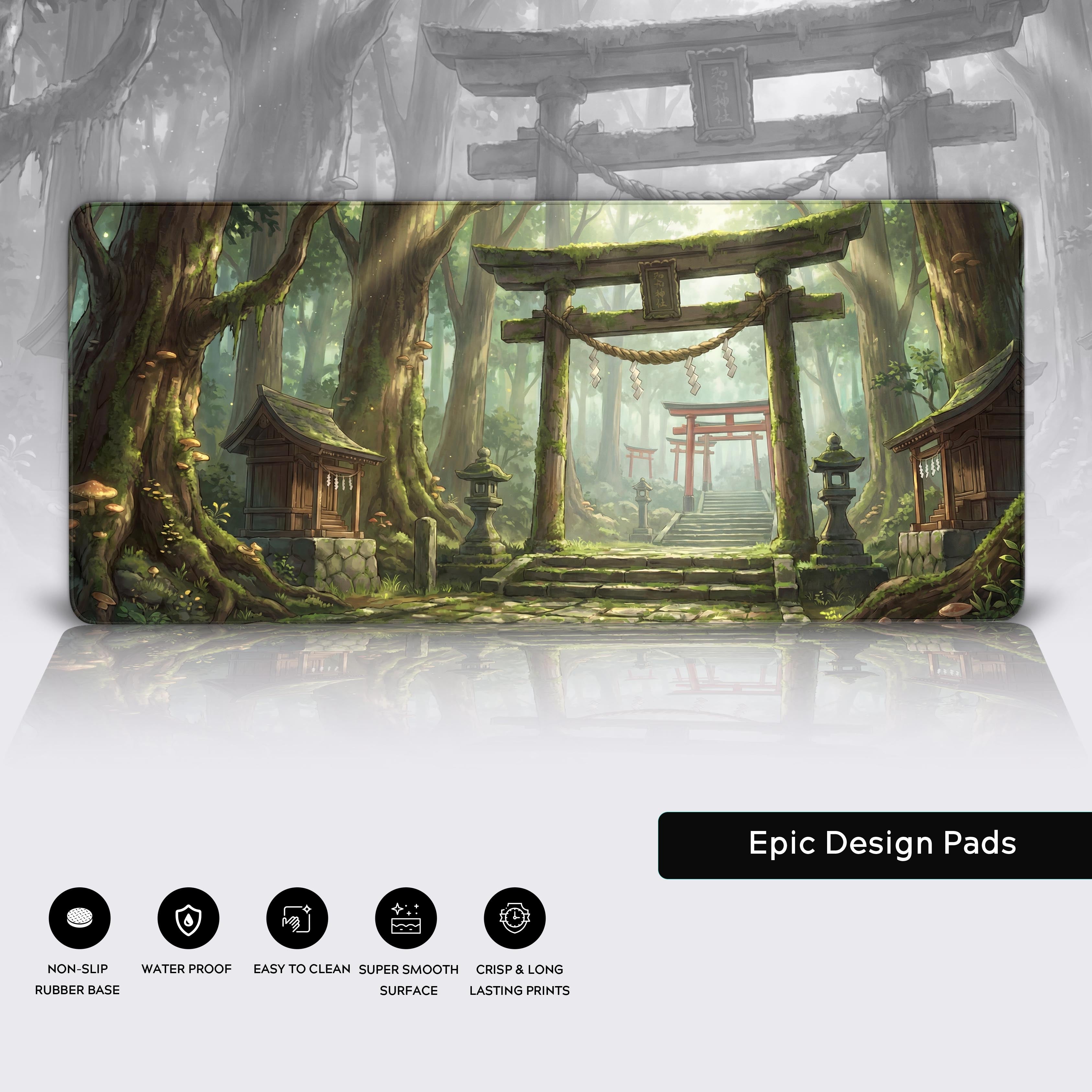 A close-up of the Spirit Forest gaming desk mat, highlighting the detailed artwork of the mossy trees and the high-quality stitched edges for durability. - Epic Design Pads & Mousepads