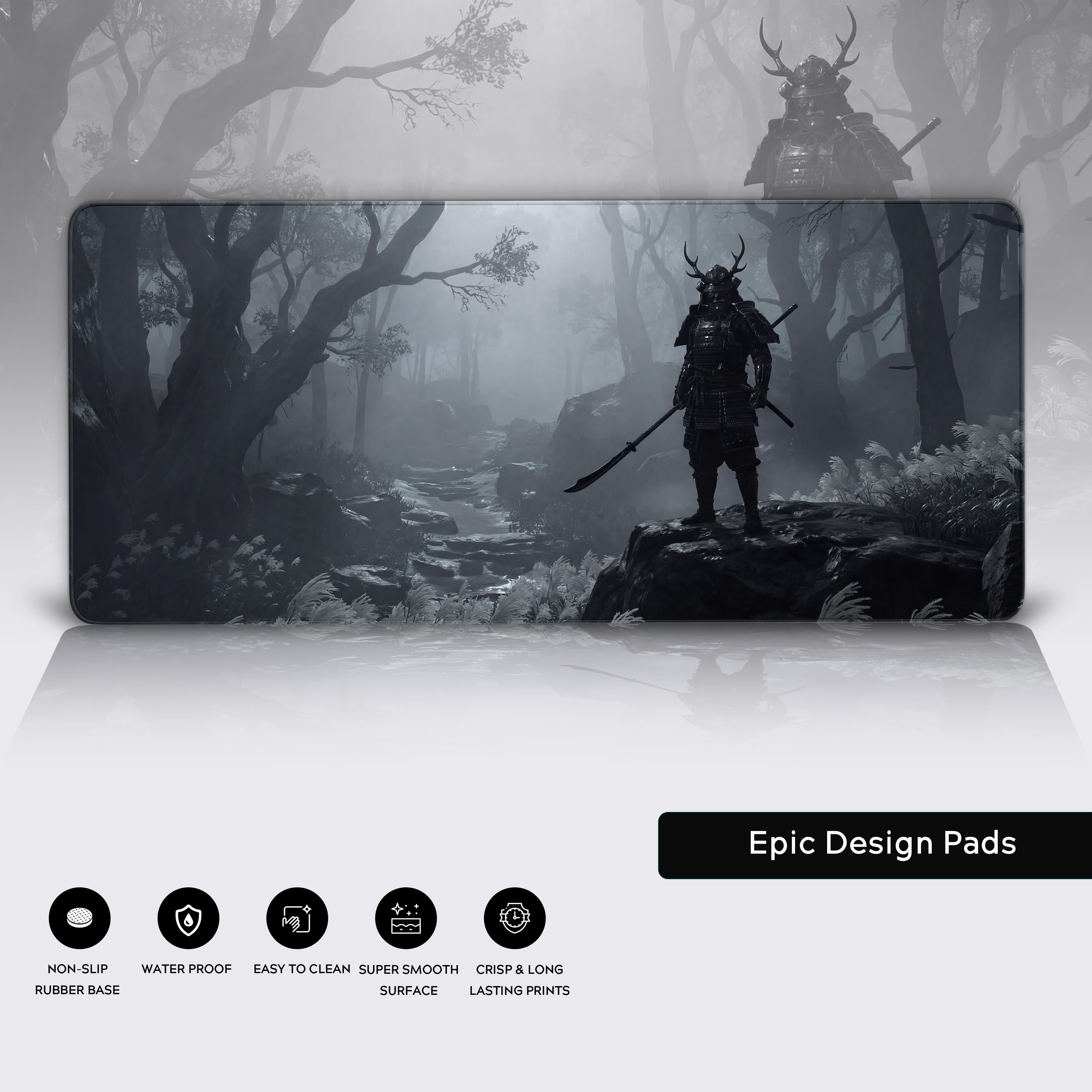 A close-up of the Silent Ronin Gaming Desk Mat, highlighting the high-detail samurai print, smooth fabric texture, and durable stitched edges. - Epic Design Pads & Mousepads