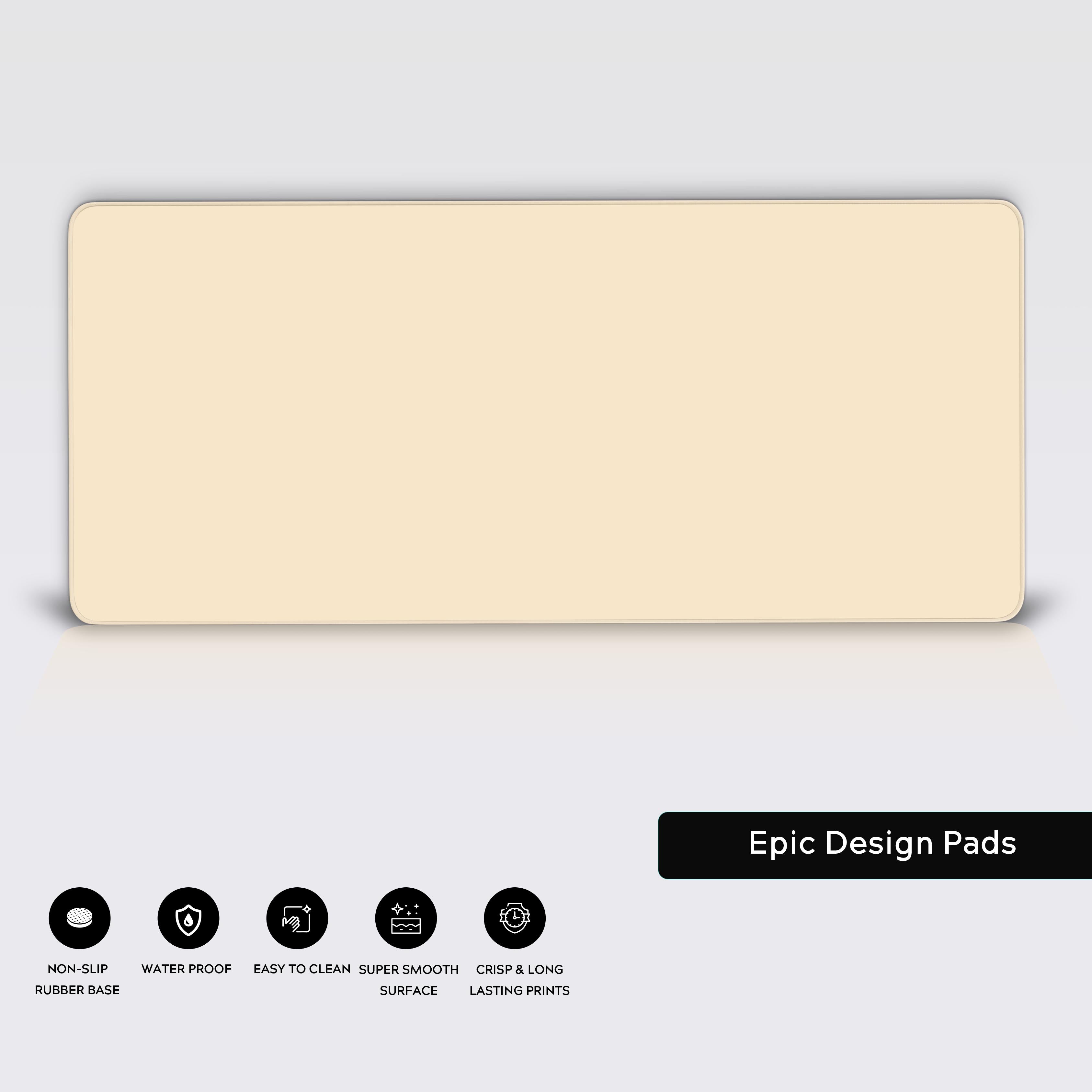 A close-up shot of the Plain Neutral gaming desk mat, highlighting its smooth cream texture and durable stitched edges, designed for precision and style. - Epic Design Pads & Mousepads