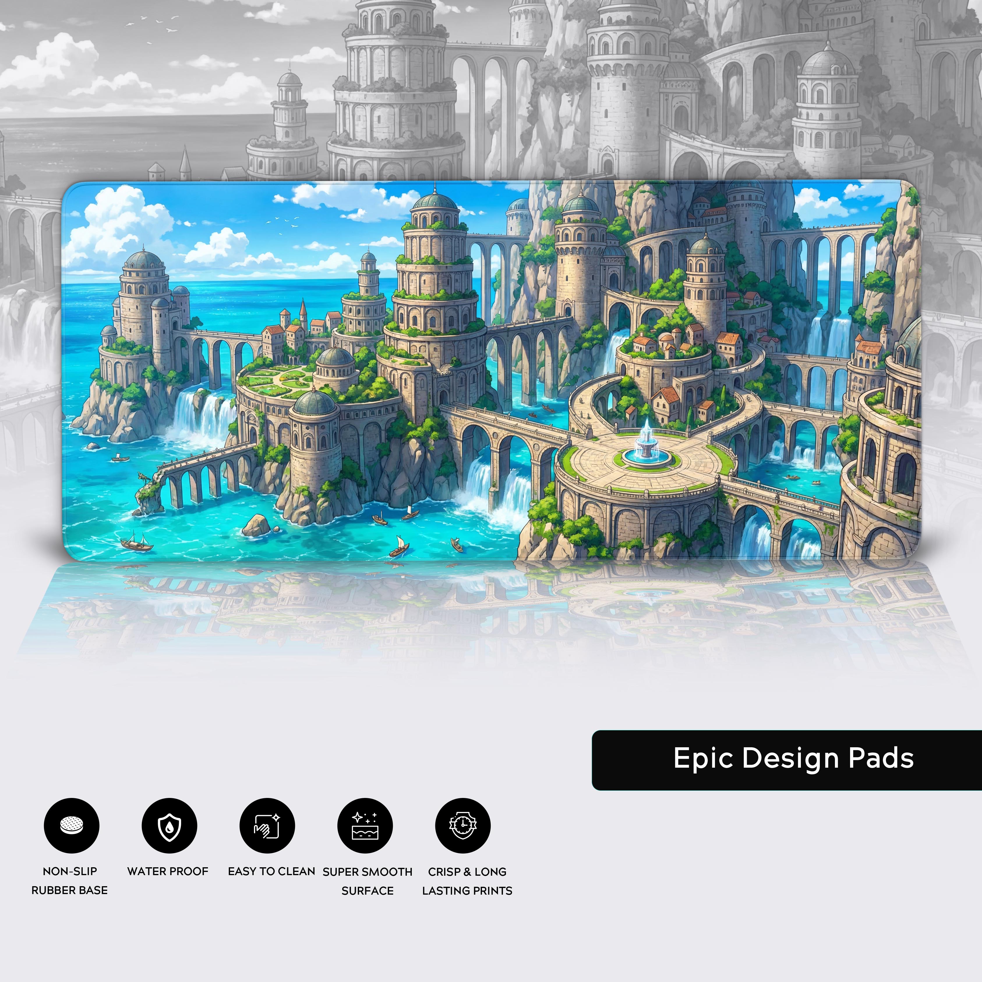 A close-up of the Coastal Dominion gaming desk mat highlights its smooth fabric texture and durable stitched edges, showcasing the detailed architectural artwork. - Epic Design Pads & Mousepads