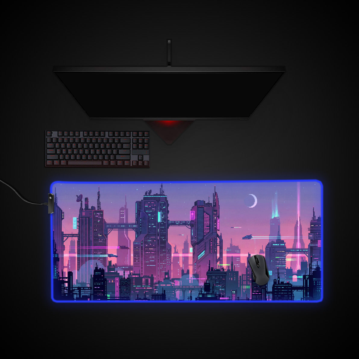Neon Bitscape desk mat with RGB edge lighting