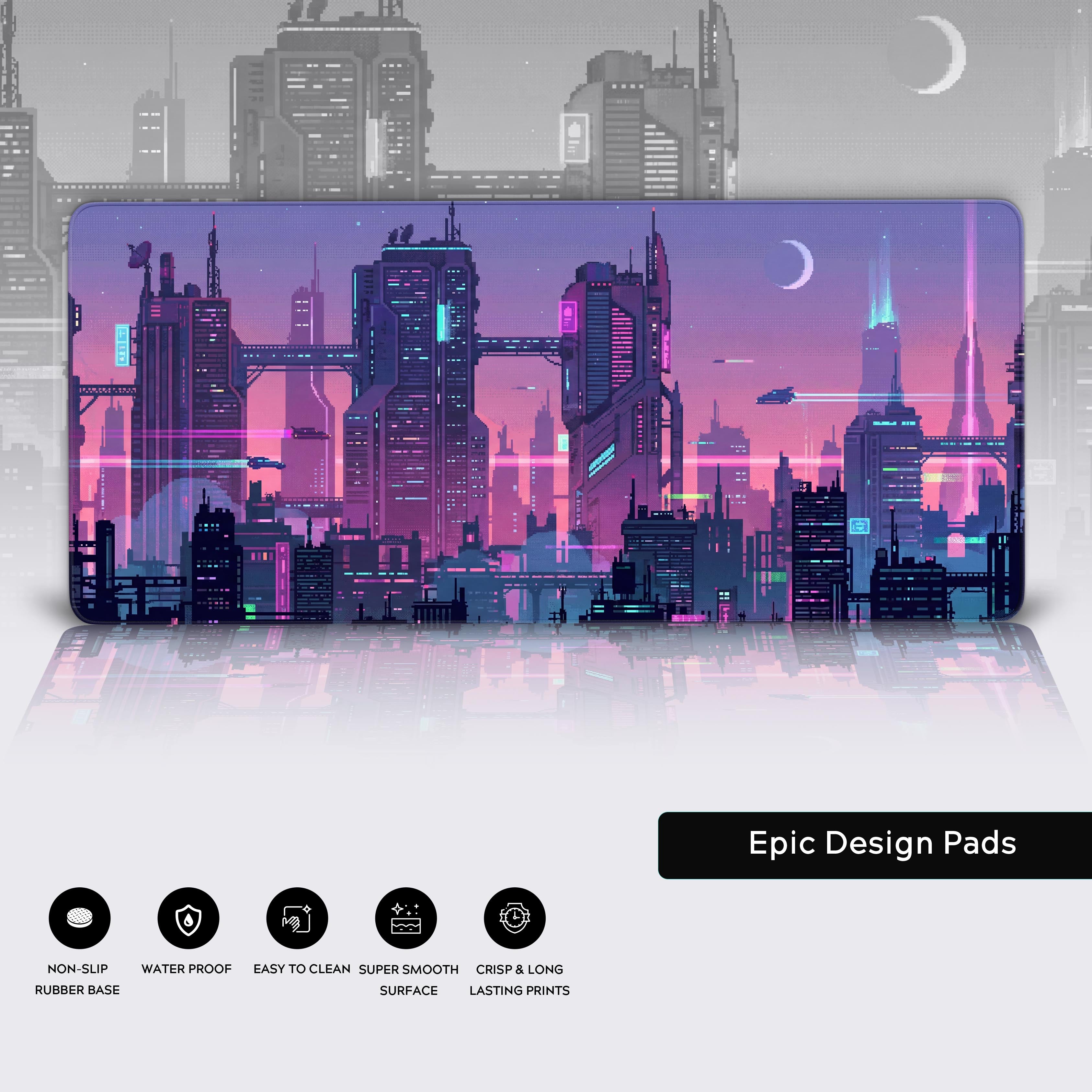 Close-up shot of the Neon Bitscape Gaming Desk Mat, showcasing the detailed pixel art design, smooth fabric texture, and durable stitched edges for long-lasting use. - Epic Design Pads & Mousepads