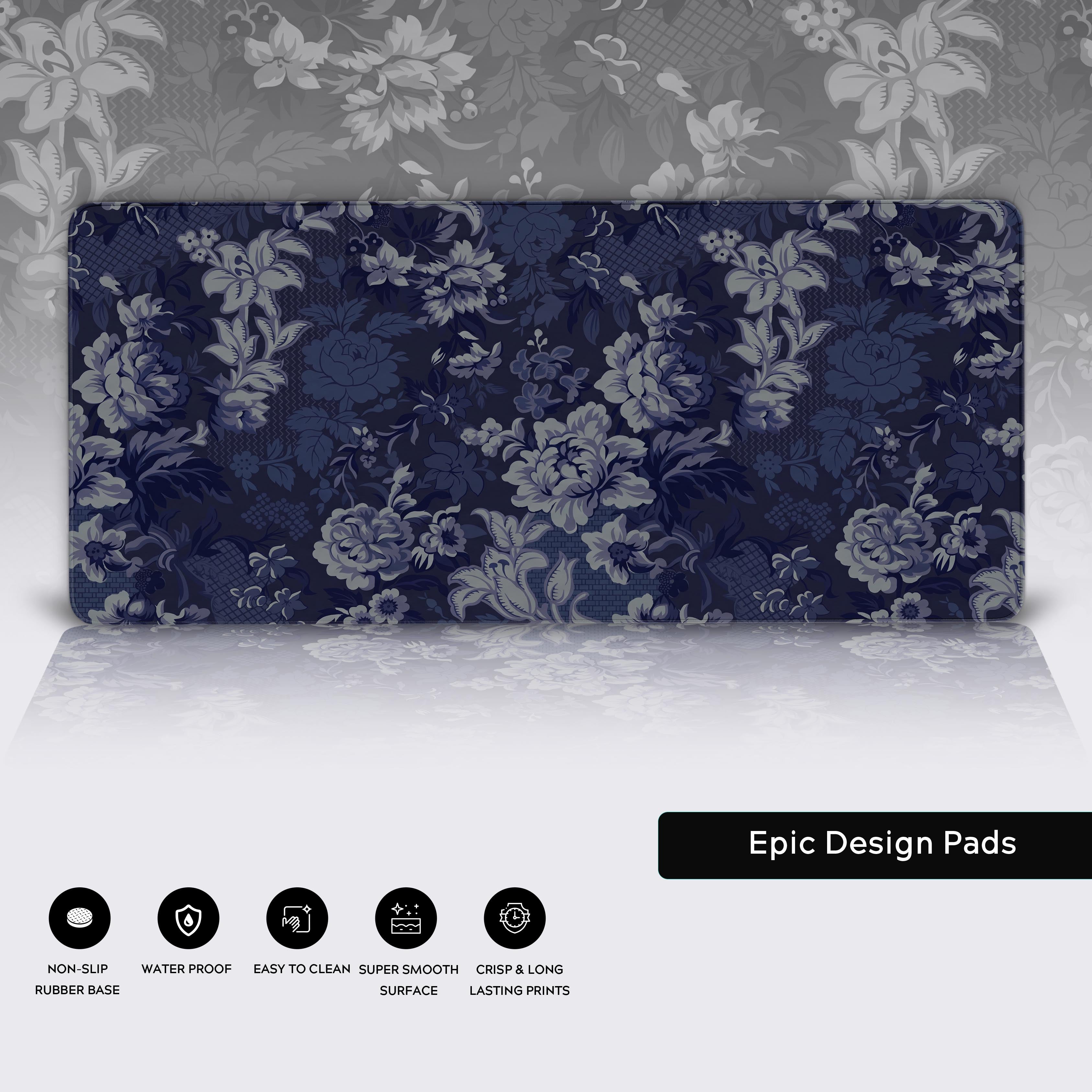 Close-up of the Indigo Baroque gaming desk mat, showing the detailed floral print, smooth texture, and durable stitched edges. - Epic Design Pads & Mousepads