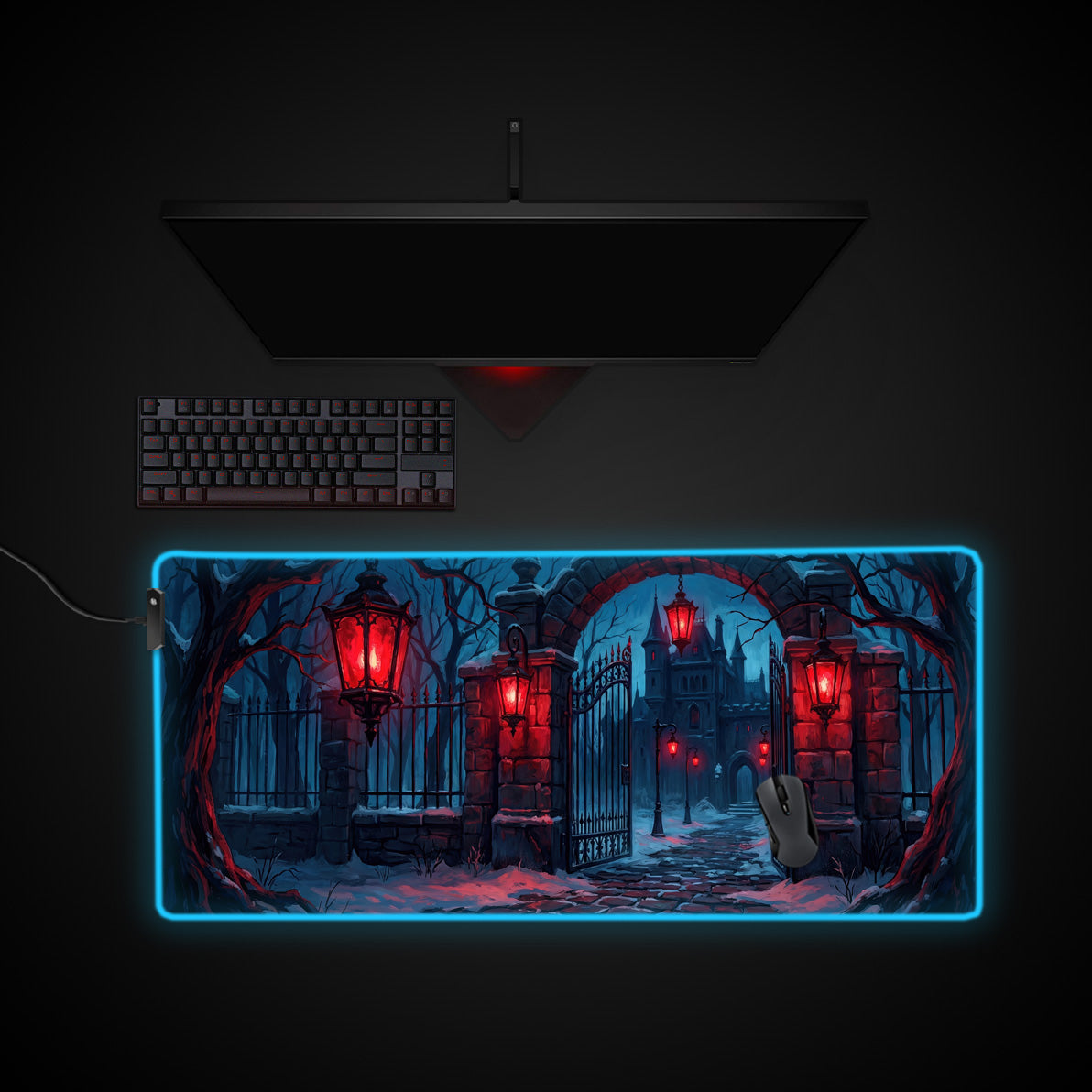 Crimson Threshold desk mat with RGB edge lighting