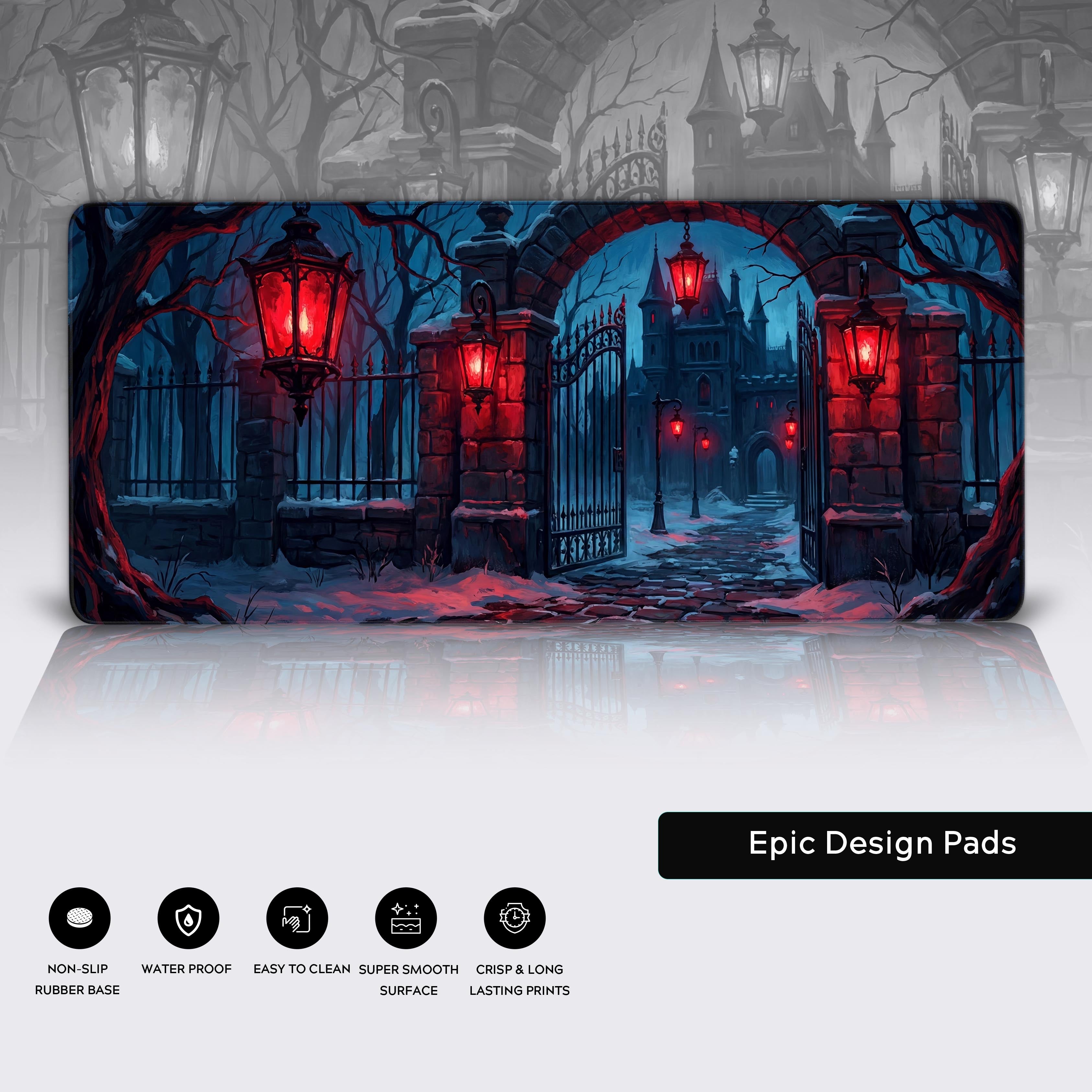 Close-up of the Crimson Threshold mouse pad's smooth fabric texture and stitched edges, highlighting the detailed artwork of a snowy castle gate and red lanterns. - Epic Design Pads & Mousepads