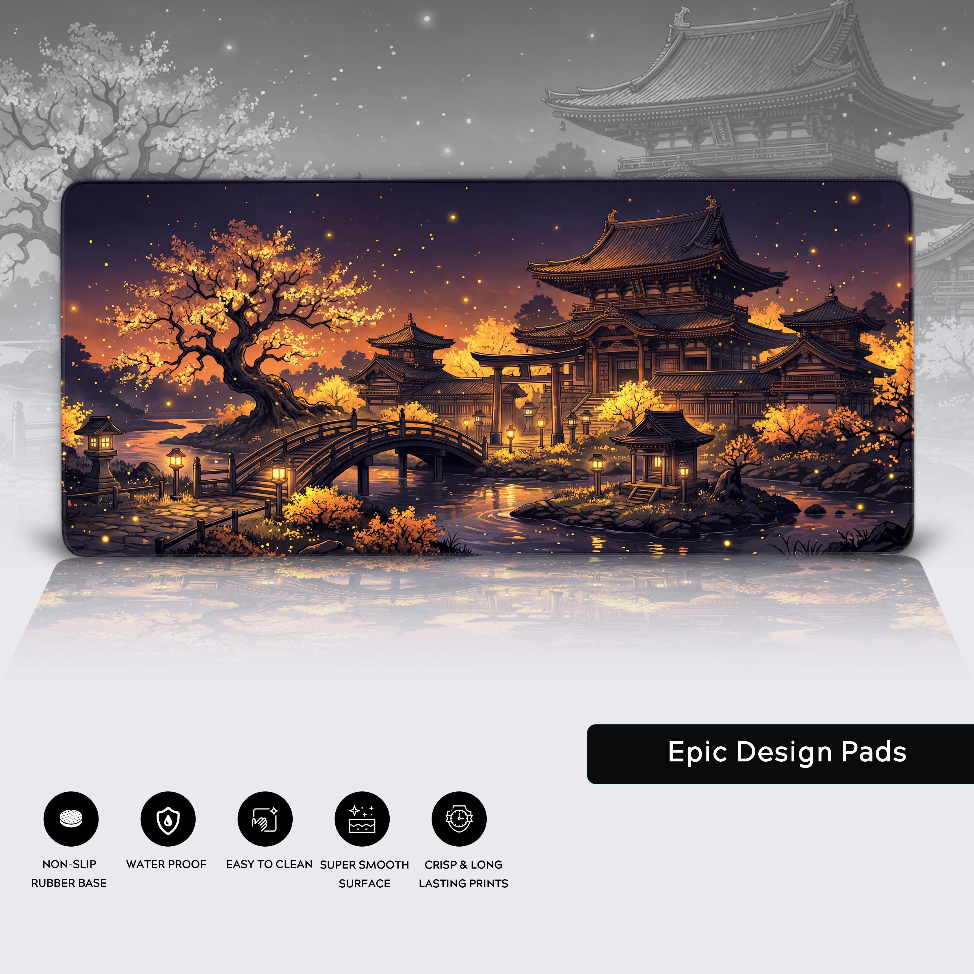 A close-up of the Golden Pagoda gaming desk mat, highlighting the detailed Japanese art, smooth fabric texture, and durable anti-fray stitched edges. - Epic Design Pads & Mousepads