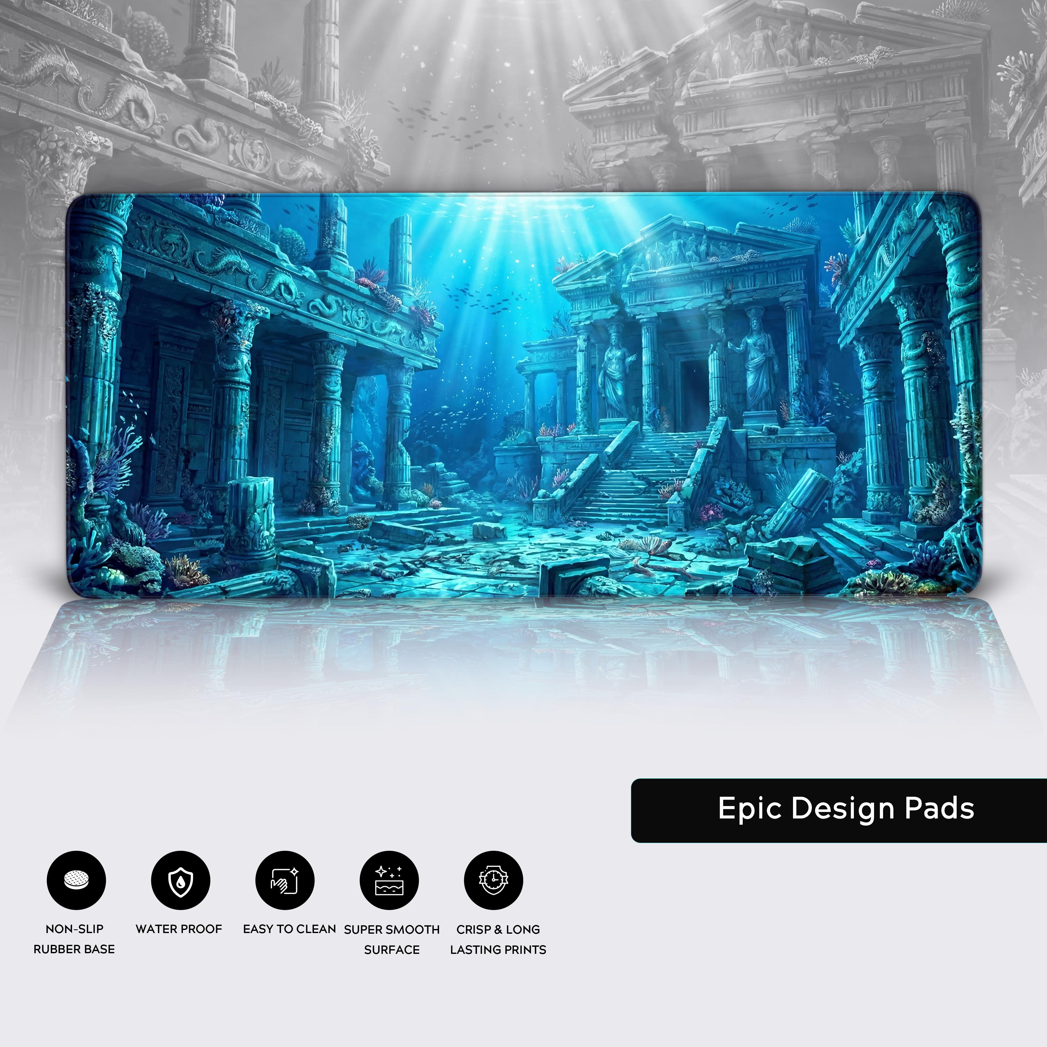 A close-up of the Lost Atlantis gaming desk mat, highlighting the detailed art of sunken temples and the high-quality stitched edges for enhanced durability and feel. - Epic Design Pads & Mousepads