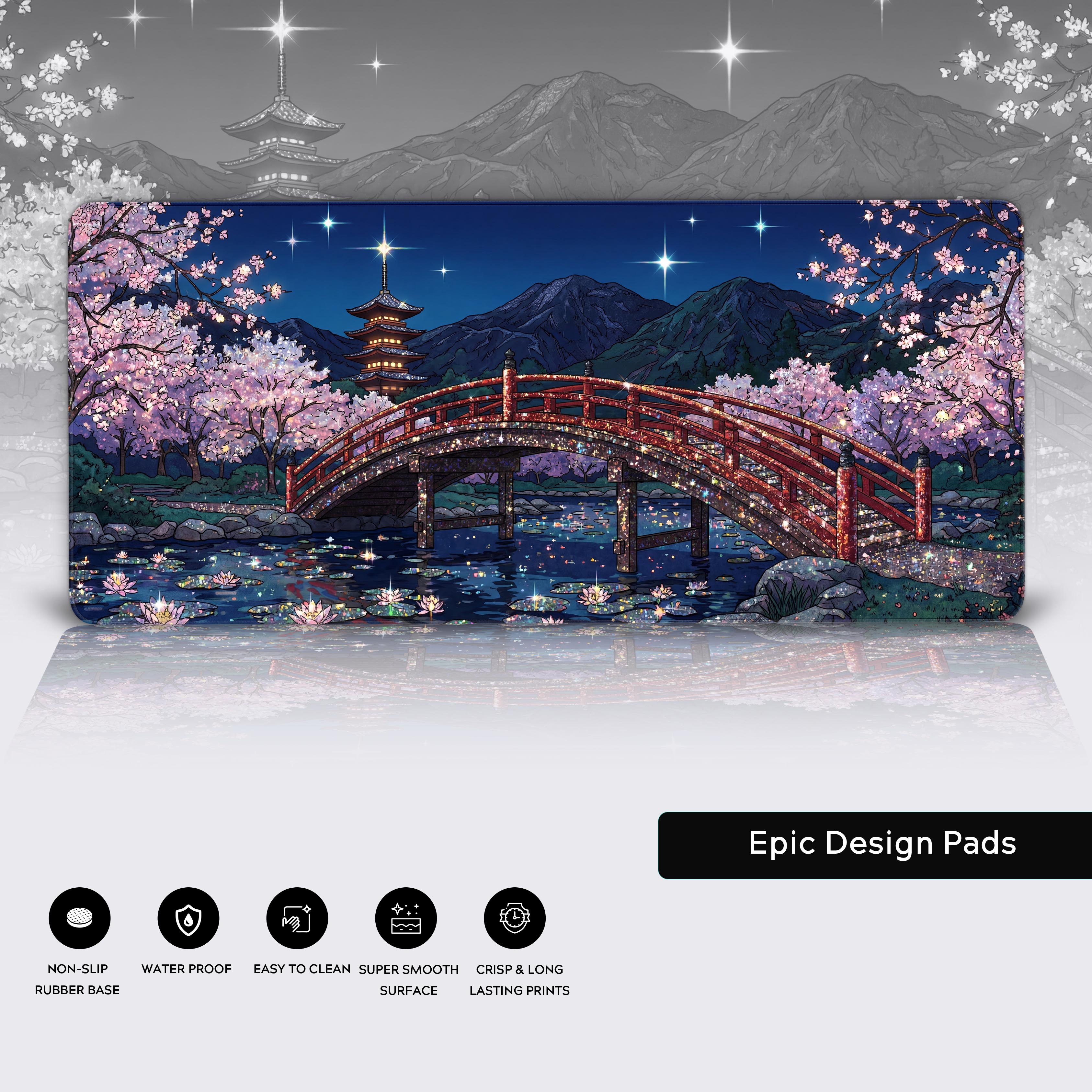 A close-up of the Starlit Crossing gaming desk mat highlighting the smooth fabric texture and durable stitched edges, with the vibrant artwork showing a sparkling red bridge. - Epic Design Pads & Mousepads