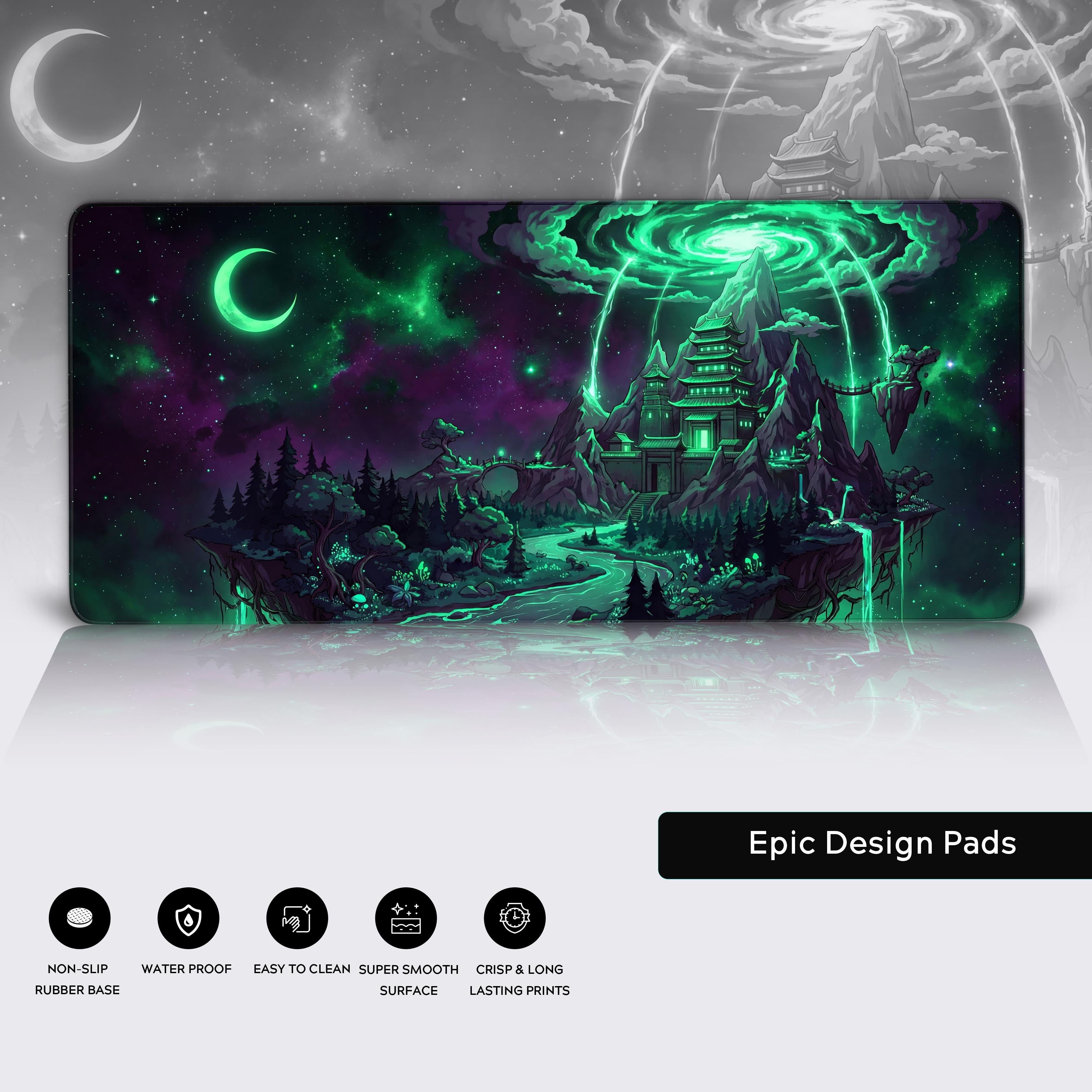 A close-up of the Void Sanctum gaming desk mat, highlighting the durable stitched edges and smooth fabric surface of the arcane fantasy artwork. - Epic Design Pads & Mousepads