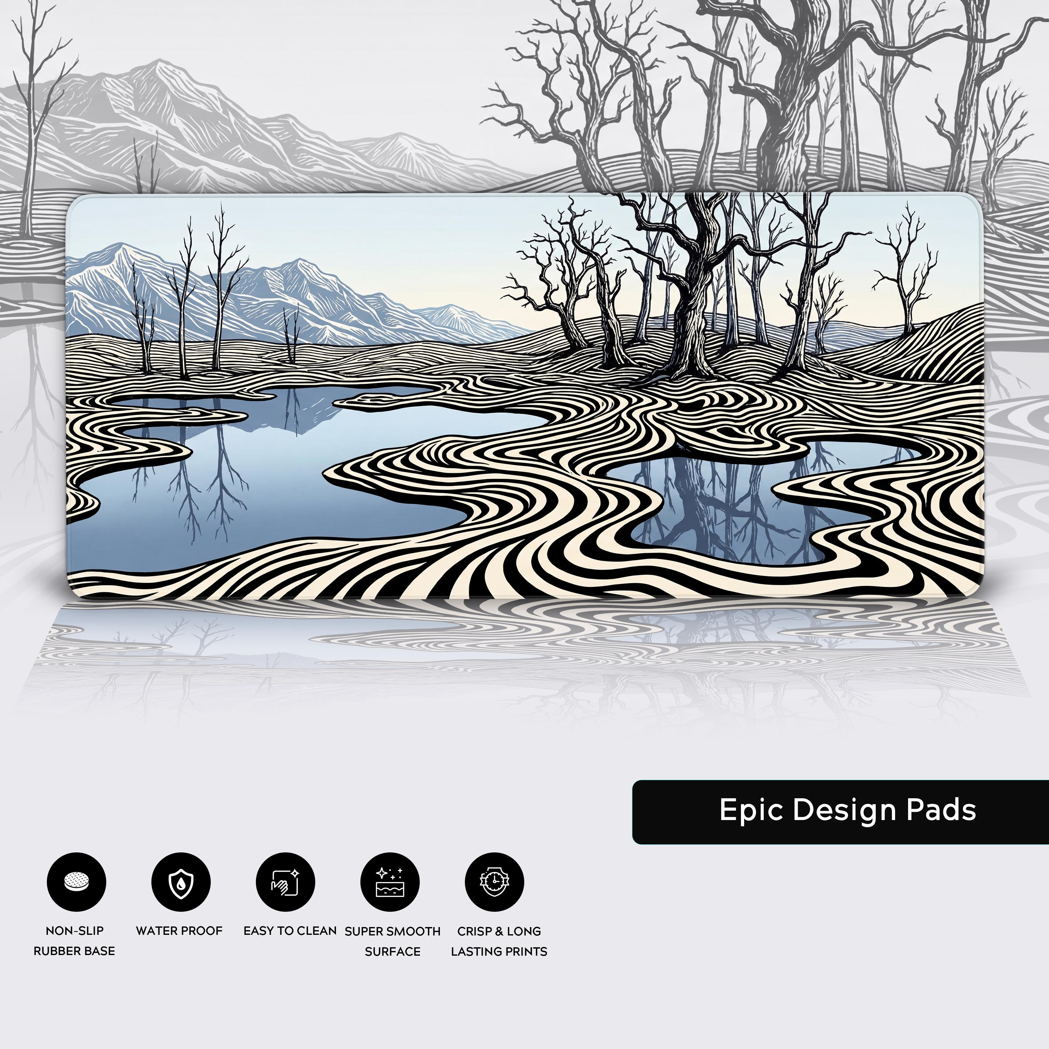 Close-up of the Ripple Effect gaming desk mat showcasing the high-quality fabric texture and durable stitched edges of the abstract nature design. - Epic Design Pads & Mousepads