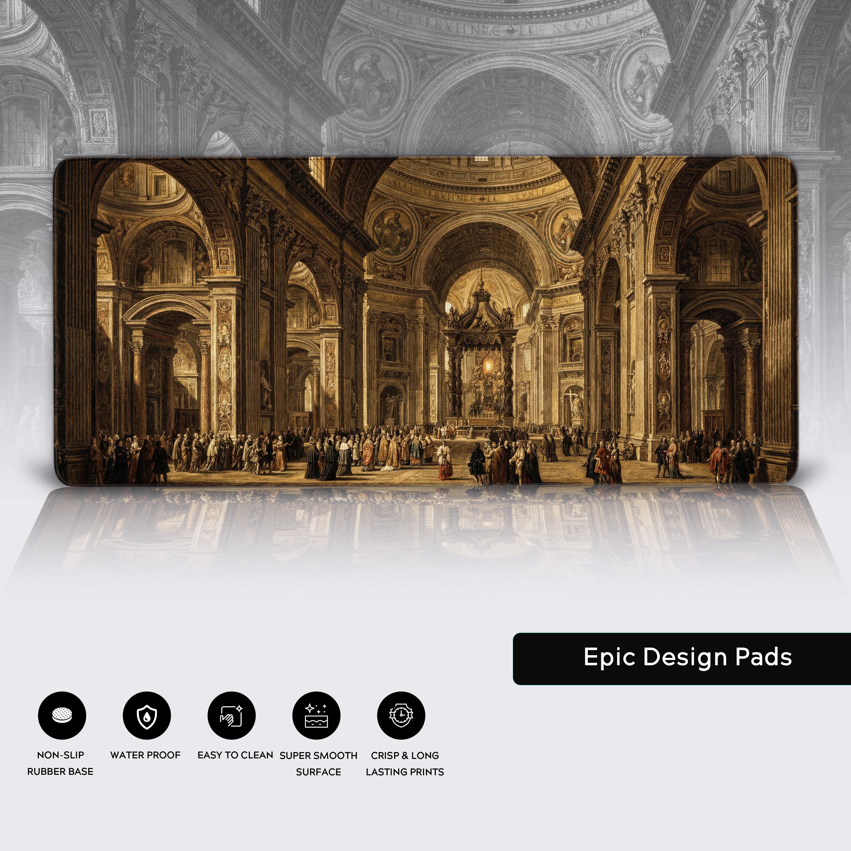 A close-up shot of the Golden Basilica gaming desk mat, showcasing the high-detail art print, smooth fabric texture for mouse control, and durable stitched edges for longevity. - Epic Design Pads & Mousepads