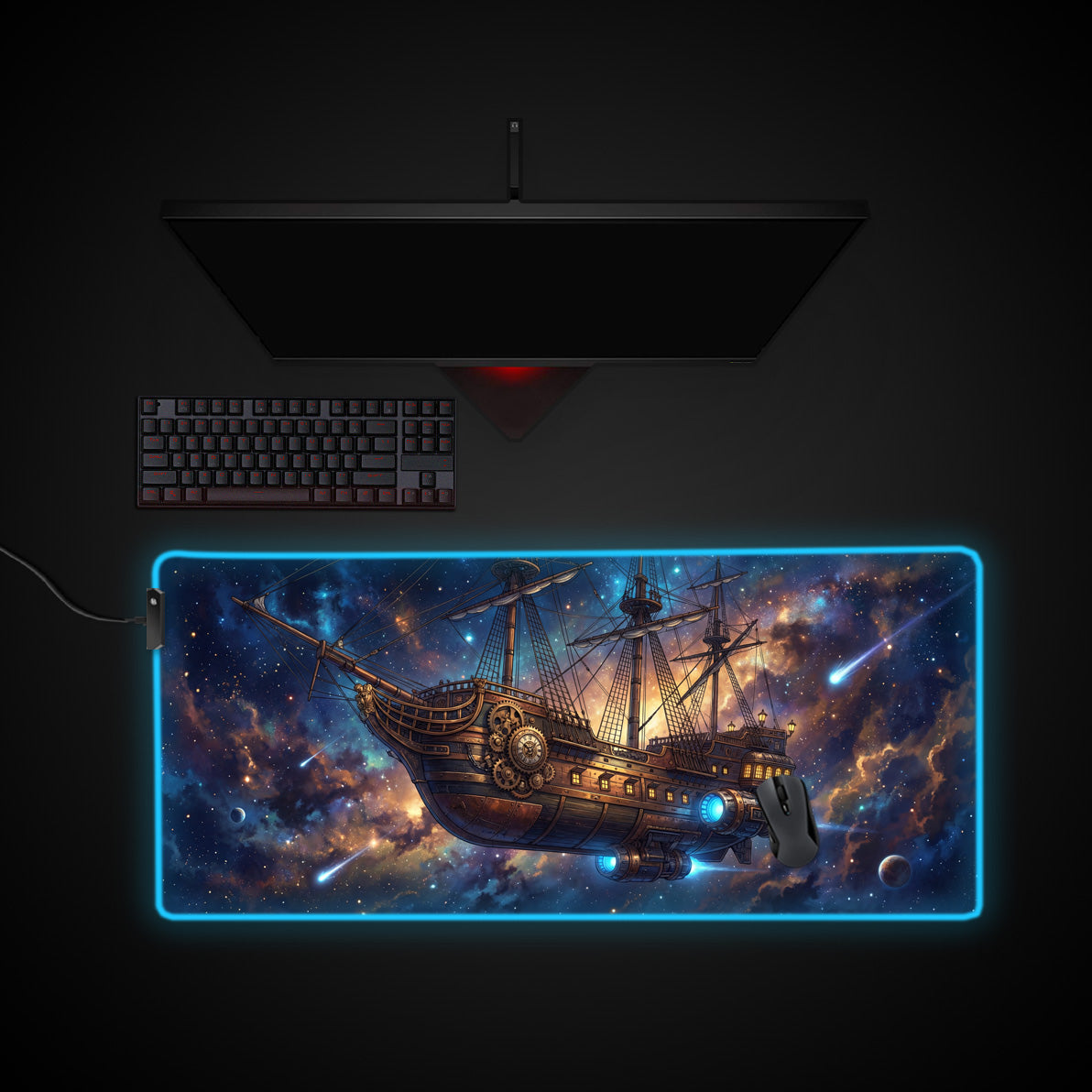 Cosmic Voyage desk mat with RGB edge lighting