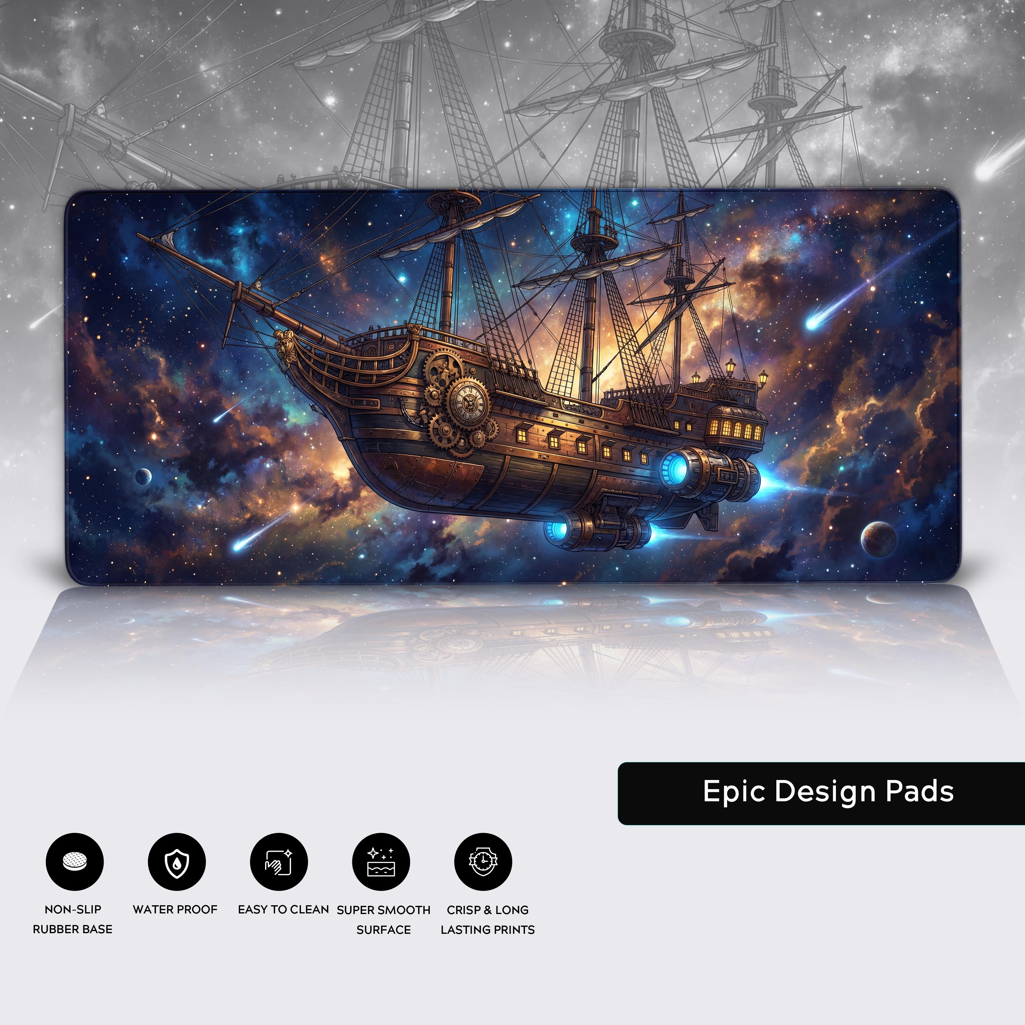 A close-up of the Cosmic Voyage gaming desk mat highlighting the smooth fabric texture, stitched edges, and the detailed sci-fi galleon artwork. - Epic Design Pads & Mousepads