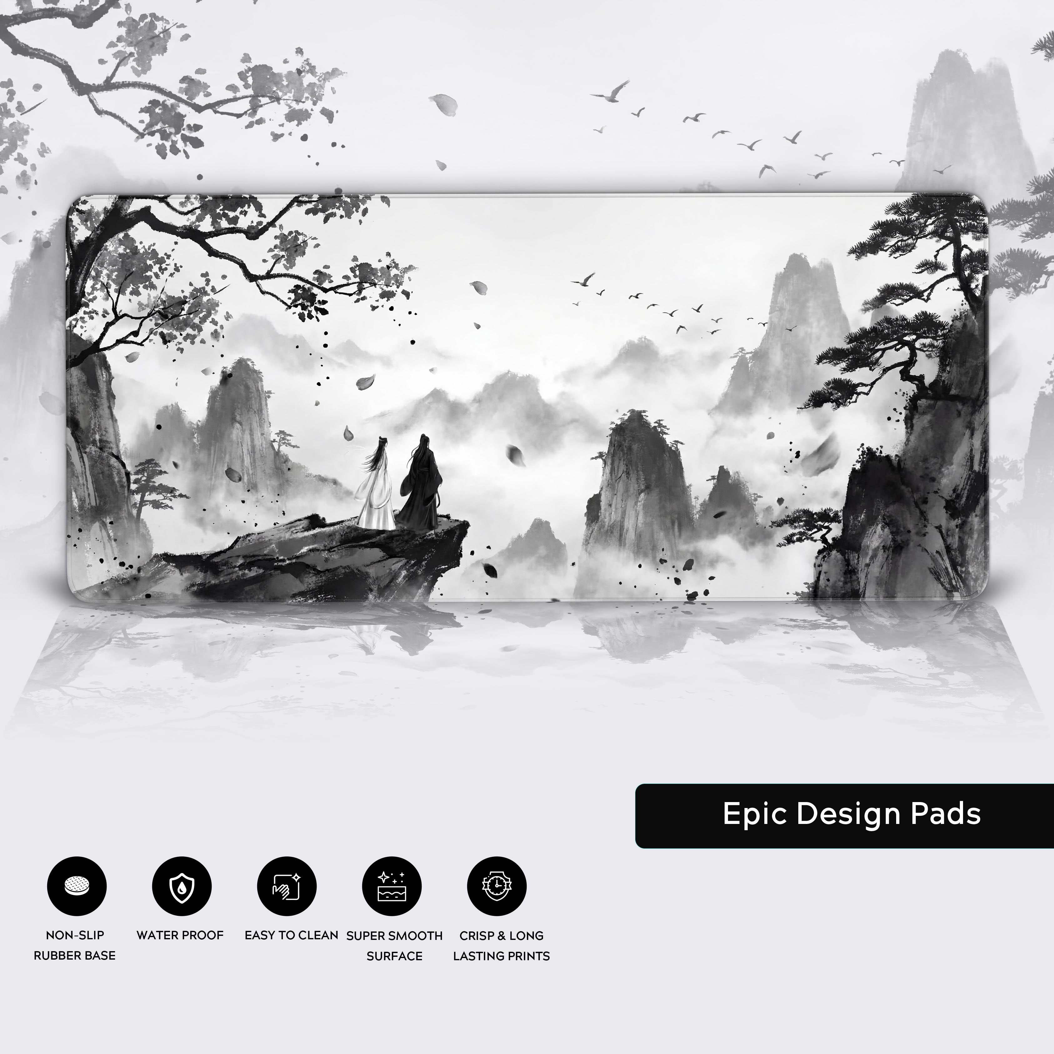 Close-up on the Silent Observers gaming desk mat, highlighting the detailed ink wash art, smooth fabric texture, and durable stitched edges. - Epic Design Pads & Mousepads