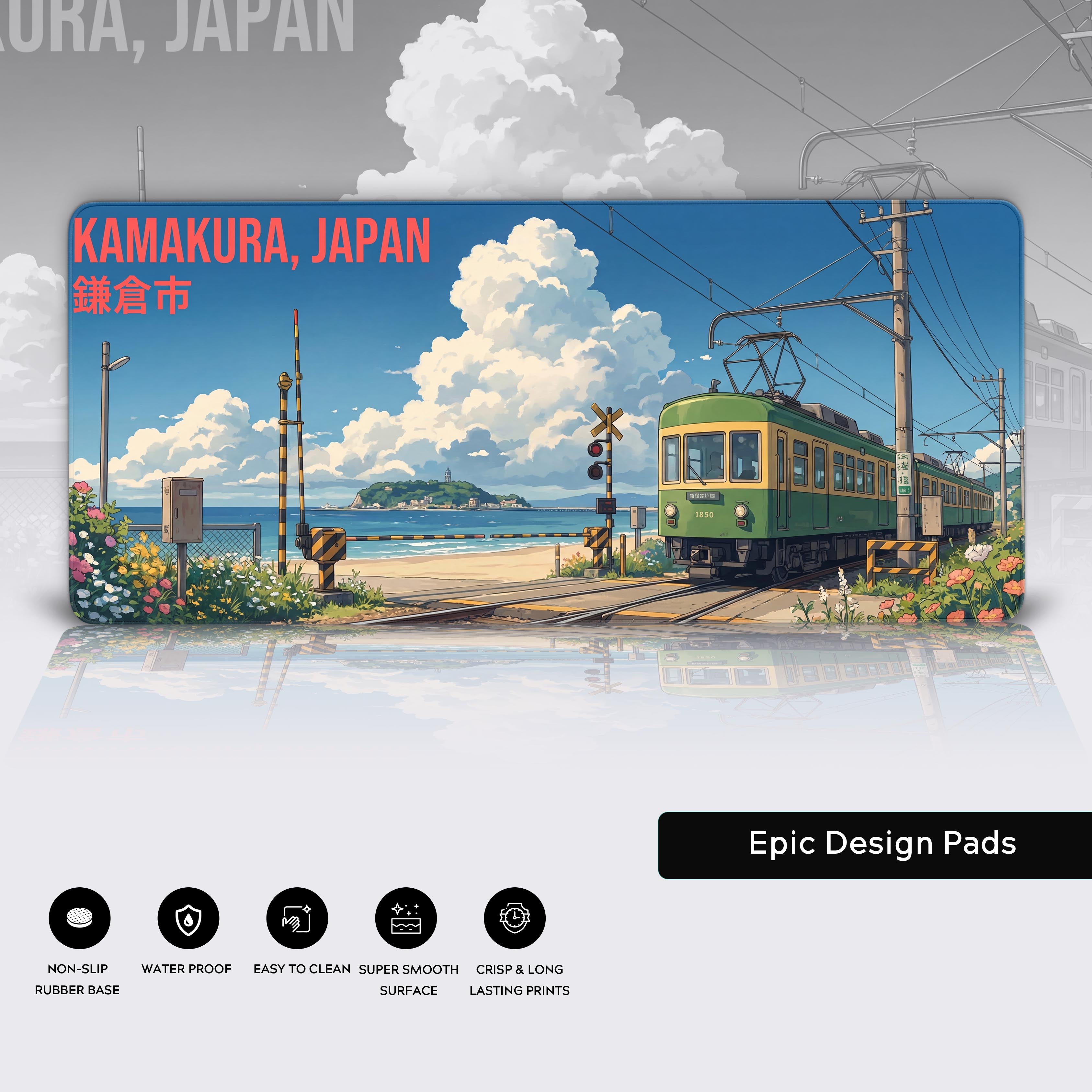 A close-up of the Kamakura Coast Gaming Desk Mat, highlighting the smooth texture and durable stitched edges of the Japanese train and ocean design. - Epic Design Pads & Mousepads