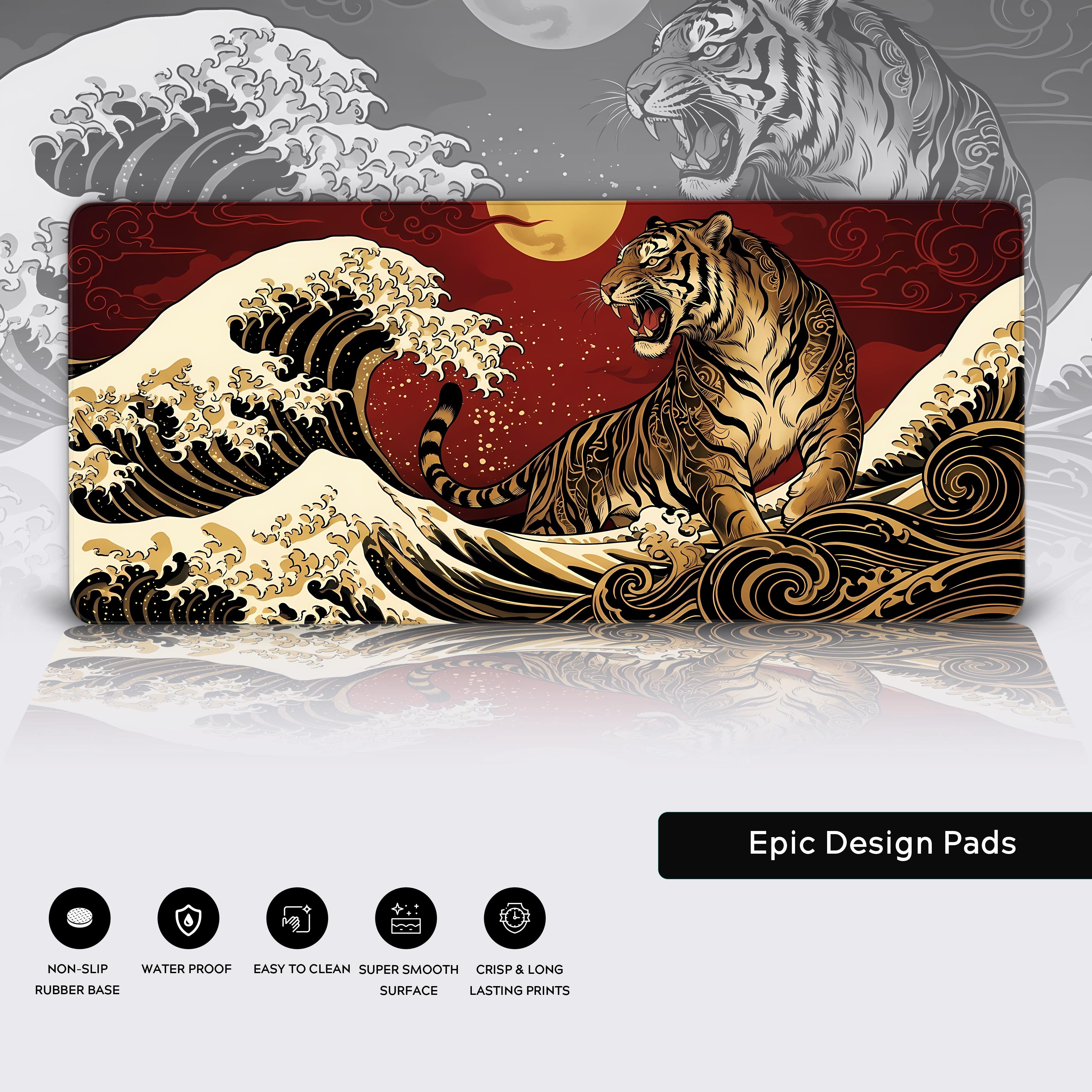 A close-up shot of the Tide Tiger gaming desk mat, showing the durable stitched edges and detailed texture of the Japanese tiger and wave artwork. - Epic Design Pads & Mousepads