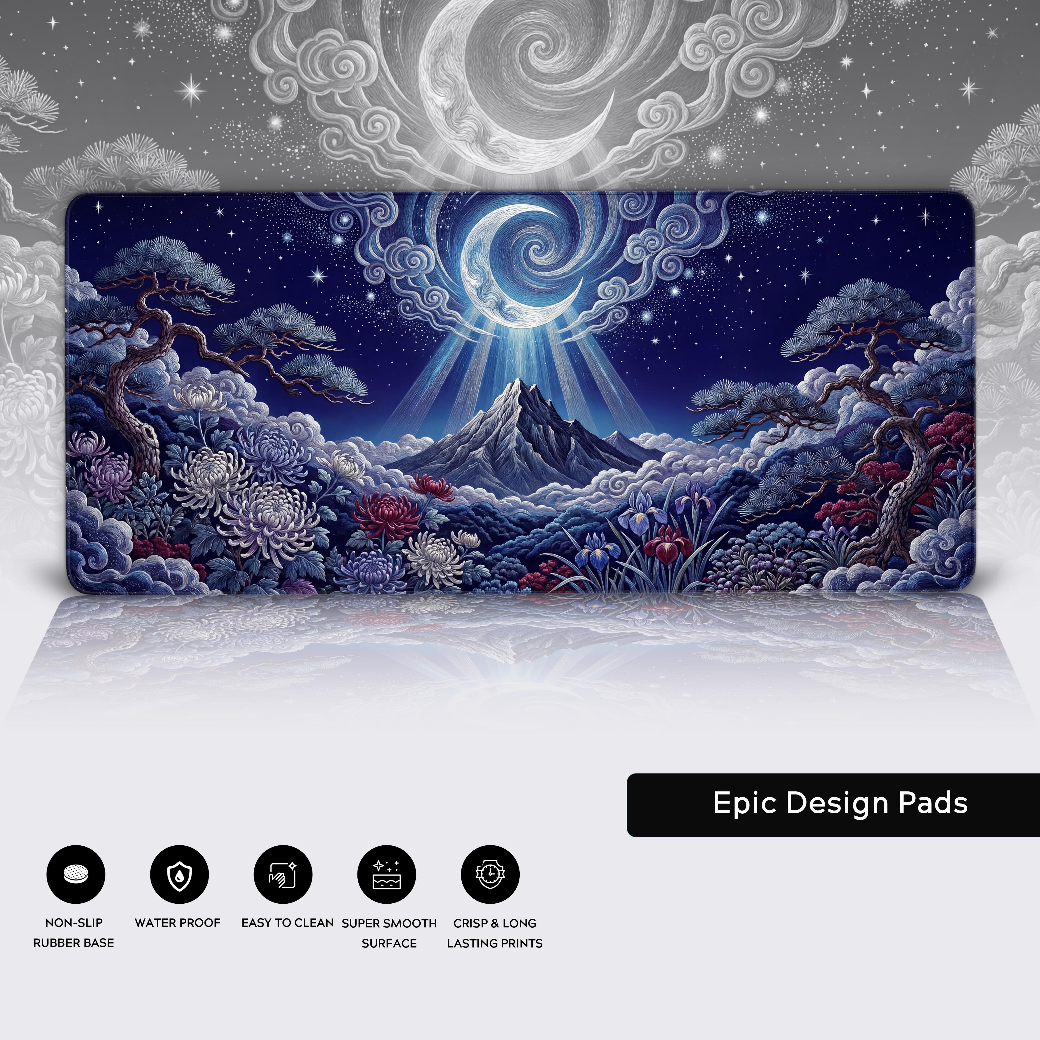 A close-up of the Lunar Tapestry gaming desk mat highlighting the high-quality fabric texture and durable stitched edges, with the beautiful Japanese floral and mountain art. - Epic Design Pads & Mousepads