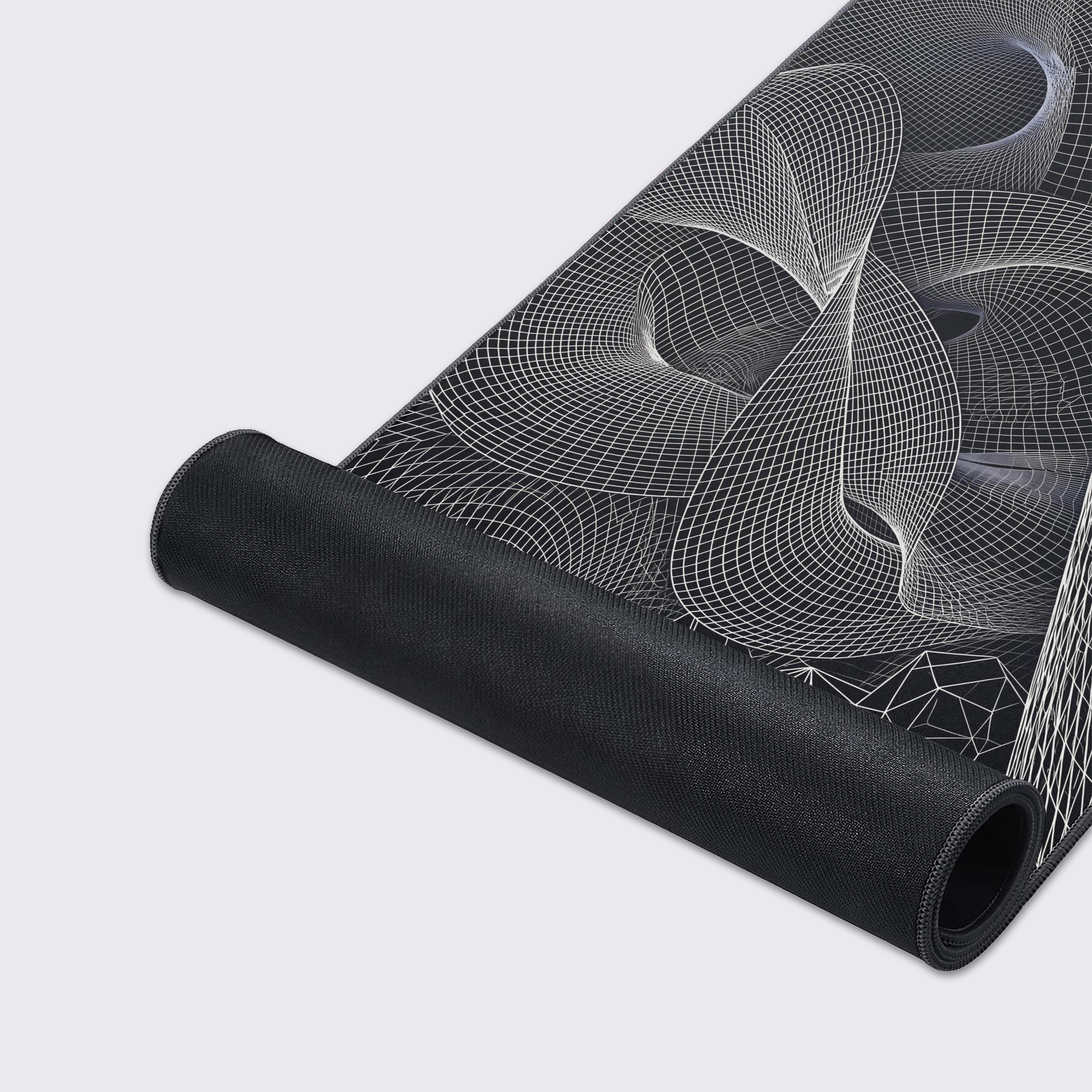 Minimalist black desk mat with white cyberspace grid lines over a non-slip rubber base.