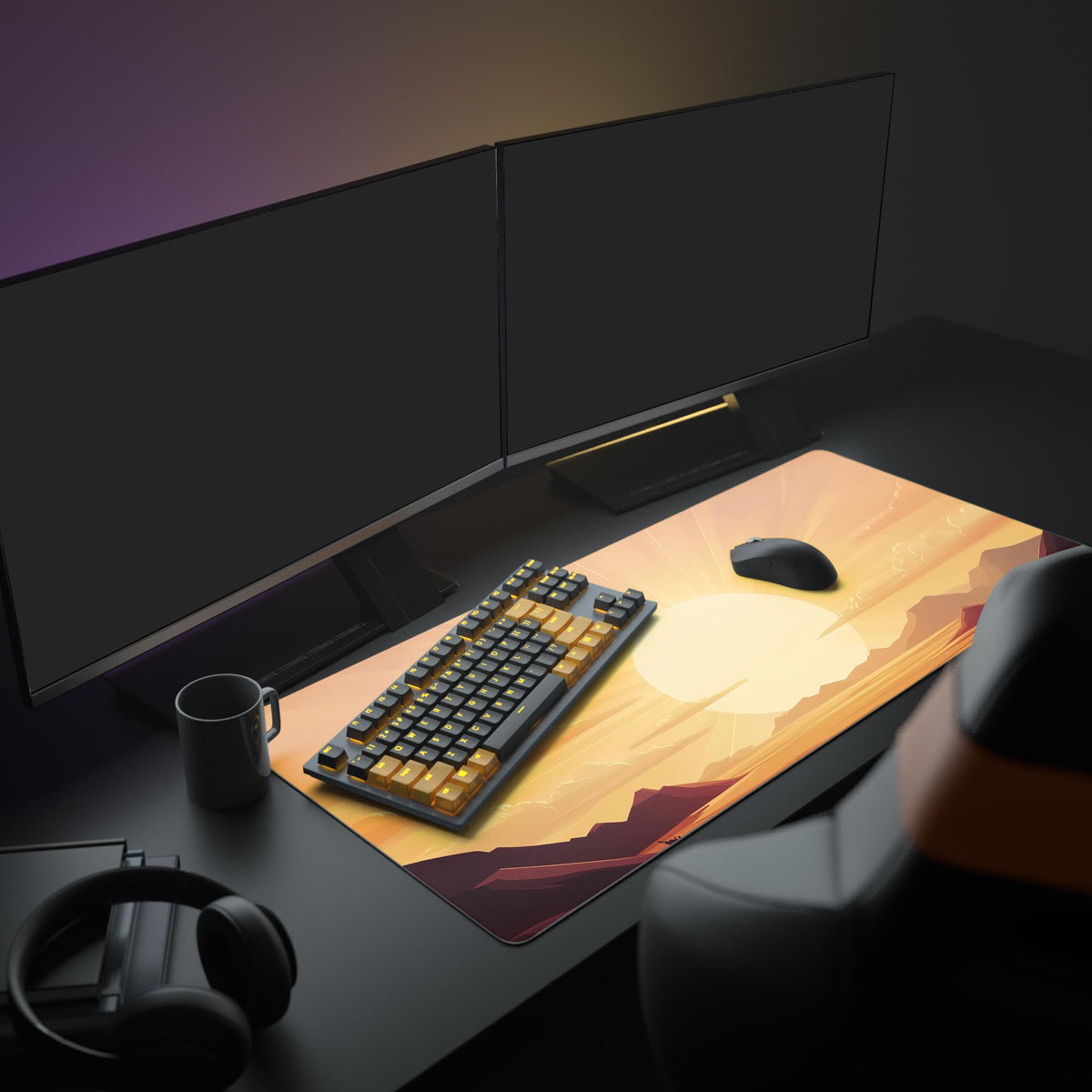Sunset Desert Landscape Desk Pad in a dark gaming setup with a mechanical keyboard, a mouse and headphones