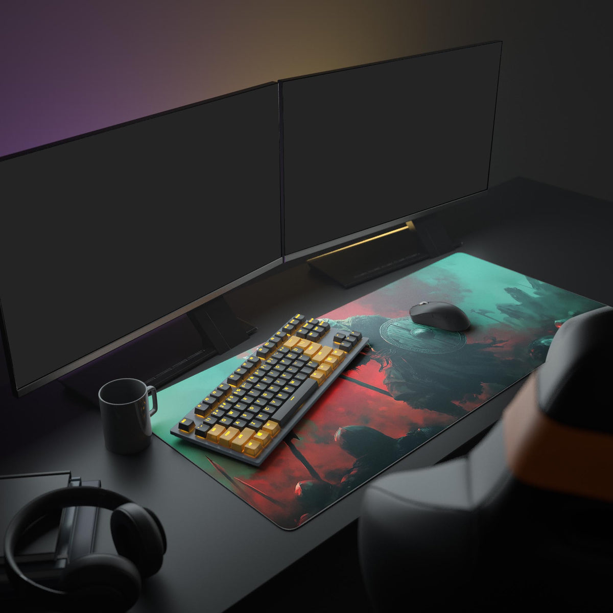 Green And Red Viking Desk Pad in a dark gaming setup with a mechanical keyboard, a mouse and headphones