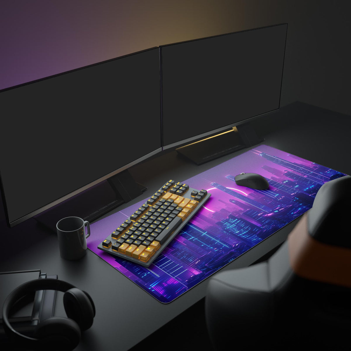 Vaporwave Neon City Desk Pad in a dark gaming setup with a mechanical keyboard, a mouse and headphones