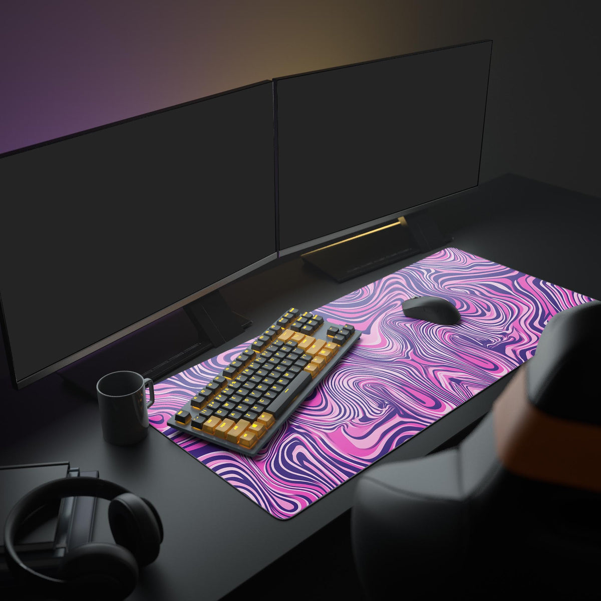 Trippy Psychedelic Desk Pad in a dark gaming setup with a mechanical keyboard, a mouse and headphones