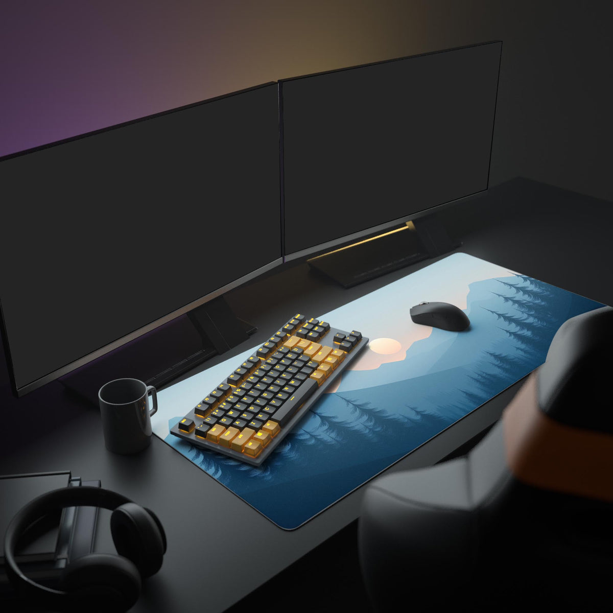 Mountain Sunset Blue Desk Pad in a dark gaming setup with a mechanical keyboard, a mouse and headphones