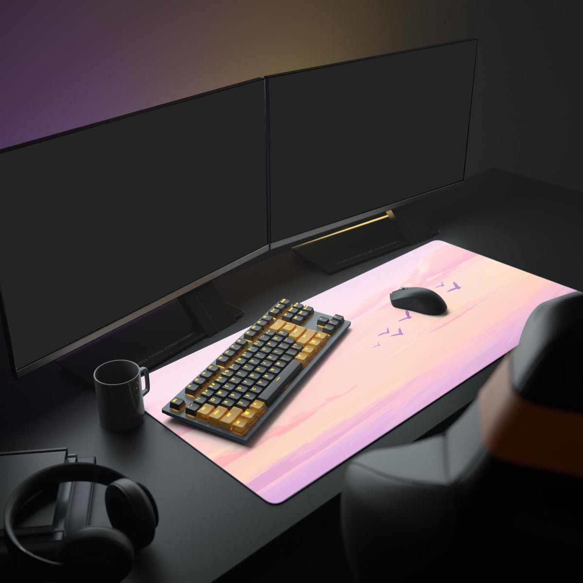 Cute Pink Pastel Sky Desk Pad in a dark gaming setup with a mechanical keyboard, a mouse and headphones