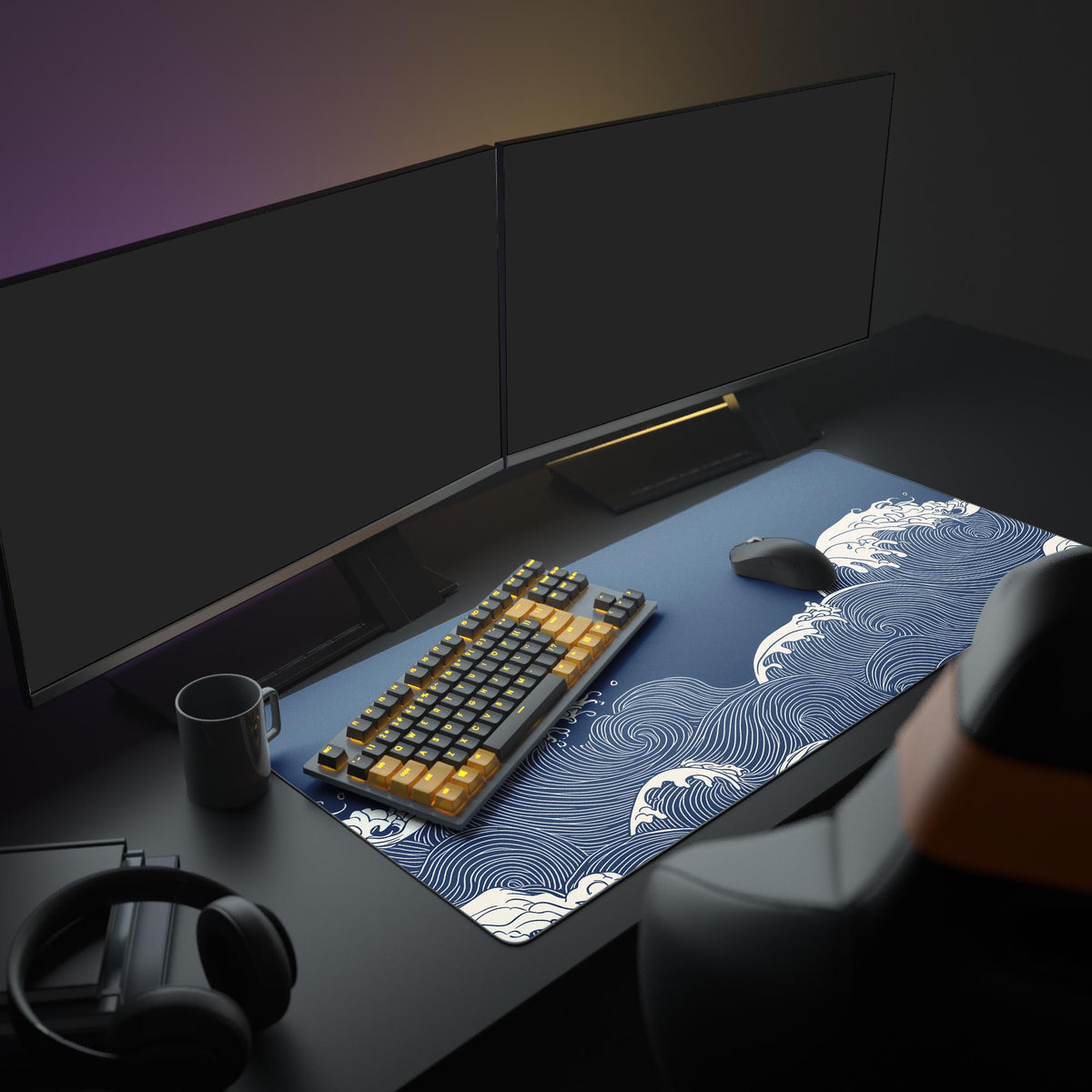 Vintage Blue Great Wave Desk Pad in a dark gaming setup with a mechanical keyboard, a mouse and headphones