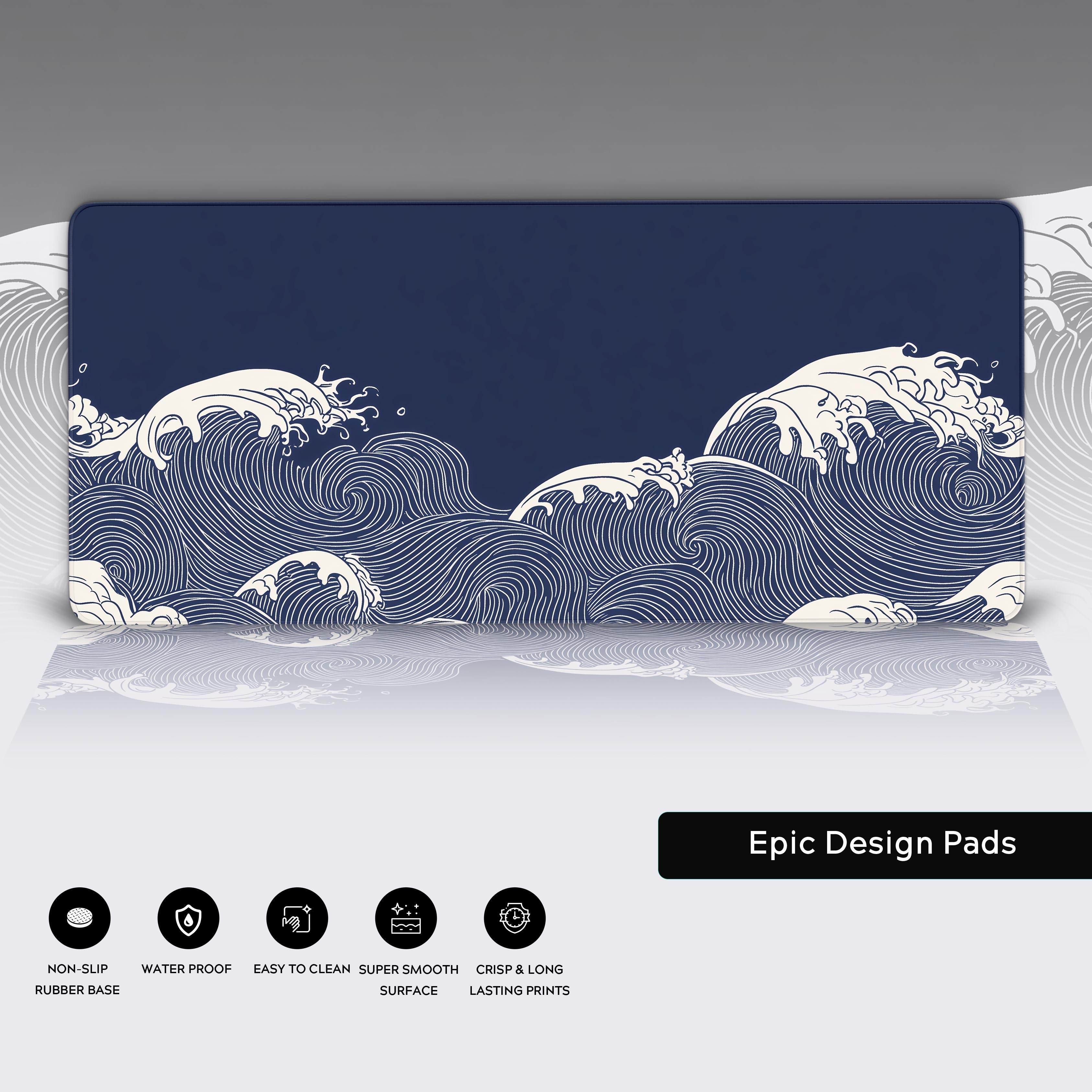 Stylized ocean waves inspired by 'The Great Wave Off Kanagawa,' rendered in a clean, minimalist kawaii style. Intricate white wave patterns flow dynamically against a bold navy blue background, with smooth curves and playful detailing. The design feels both vintage and anime-inspired, evoking a sense of traditional Japanese art while incorporating a modern, cute aesthetic.