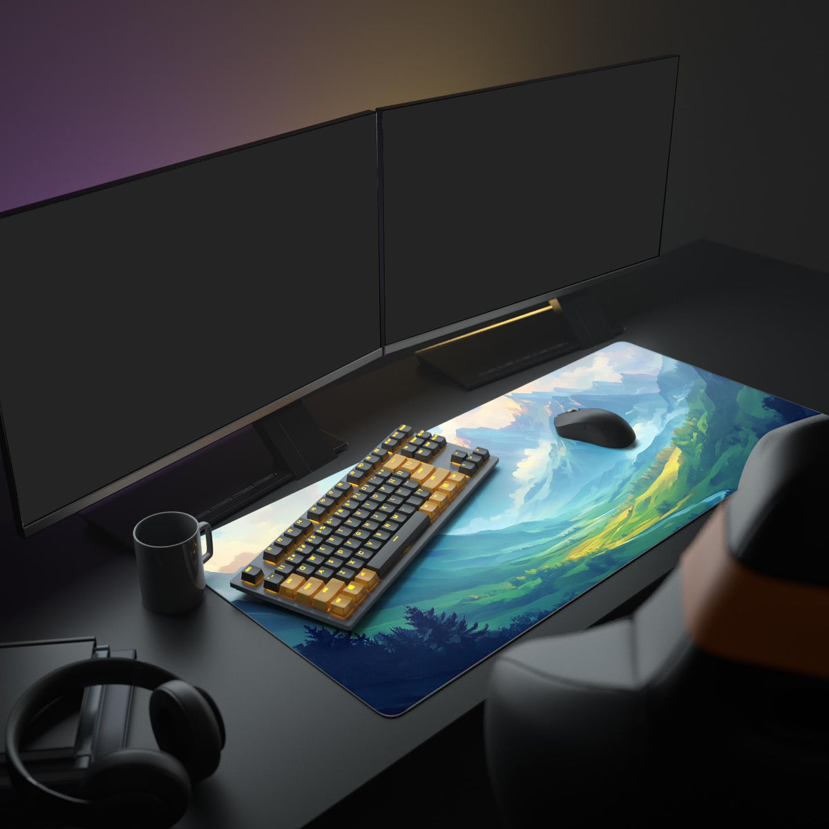 Scenic Mountain Desk Pad in a dark gaming setup with a mechanical keyboard, a mouse and headphones