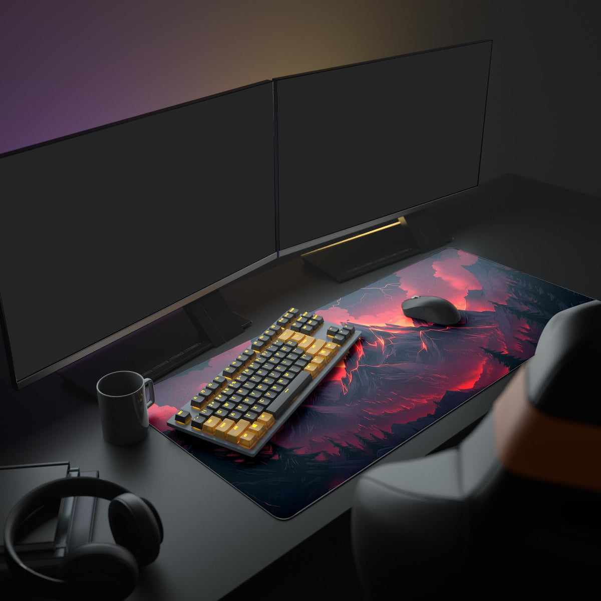 Crimson Mountains Desk Pad in a dark gaming setup with a mechanical keyboard, a mouse and headphones