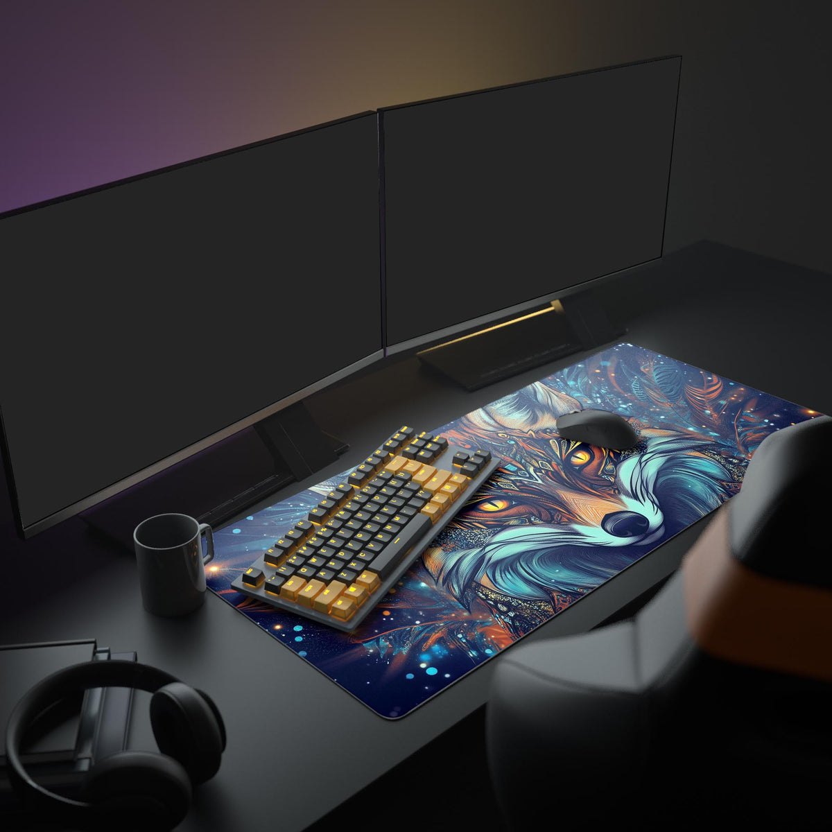Dazzling Fox Desk Pad in a dark gaming setup with a mechanical keyboard, a mouse and headphones