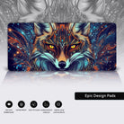 A vibrant and intricately designed fox head, blending elements of nature and abstract art. The fox features glowing amber eyes, surrounded by ornate patterns and swirling lines that form a kaleidoscope of colors. The fur transitions seamlessly into geometric and tribal designs with accents of orange, blue, and gold. The background is a deep, starry night sky, scattered with glowing dots resembling snow or stars. The overall style is a mix of fantasy, surrealism, and high-detail illustration, evoking an ethe