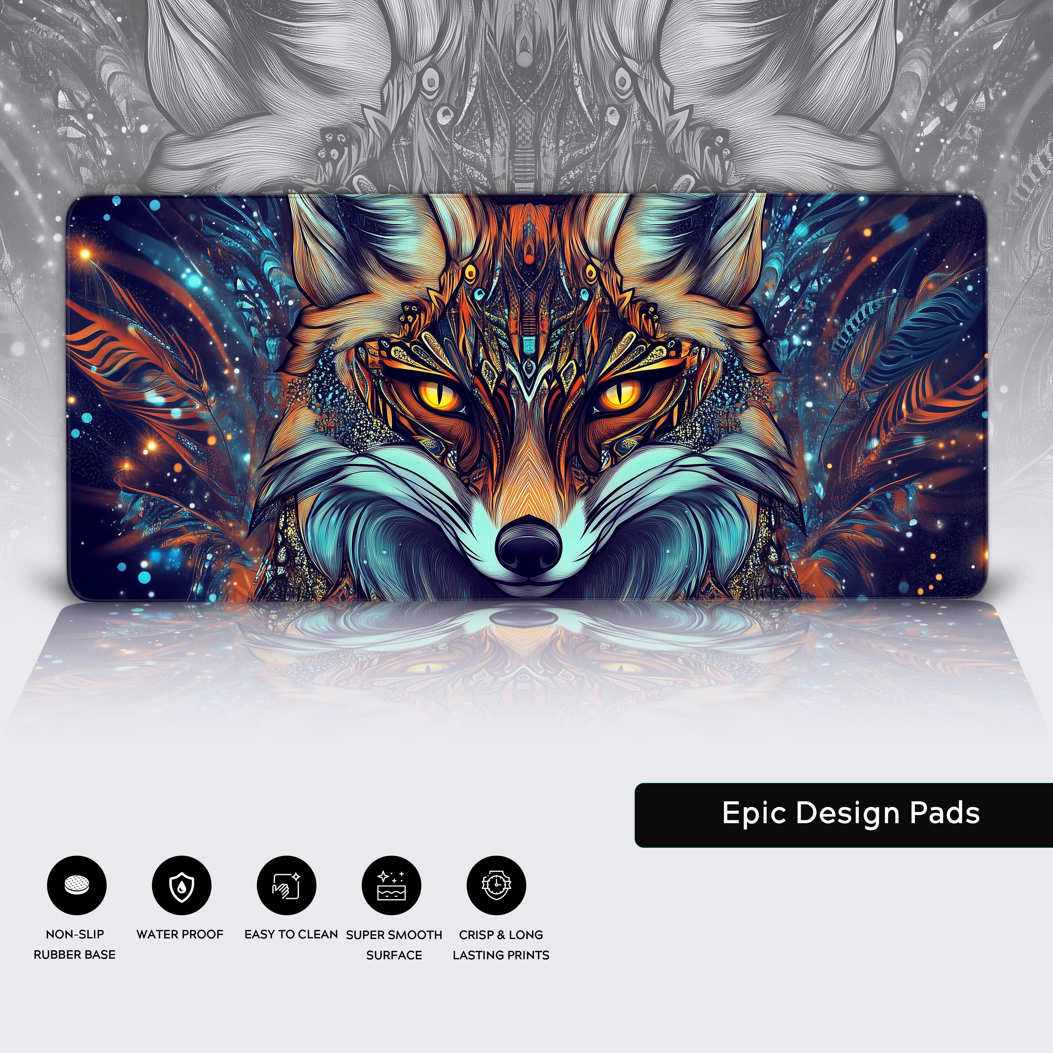 A vibrant and intricately designed fox head, blending elements of nature and abstract art. The fox features glowing amber eyes, surrounded by ornate patterns and swirling lines that form a kaleidoscope of colors. The fur transitions seamlessly into geometric and tribal designs with accents of orange, blue, and gold. The background is a deep, starry night sky, scattered with glowing dots resembling snow or stars. The overall style is a mix of fantasy, surrealism, and high-detail illustration, evoking an ethe