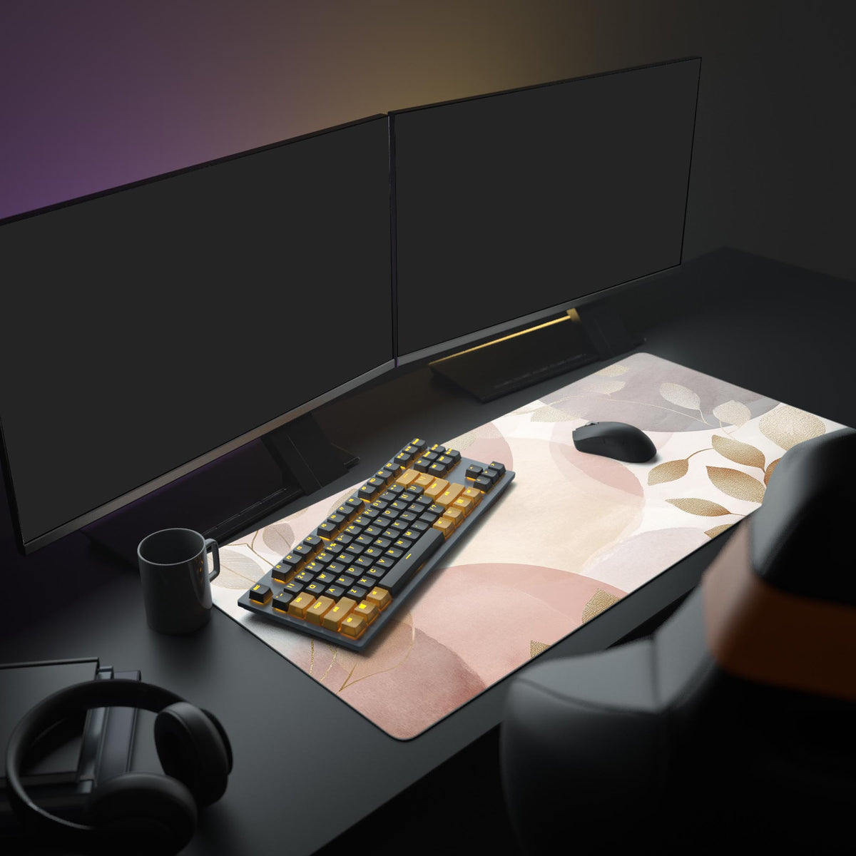 Watercolor Gold Leaves Desk Pad in a dark gaming setup with a mechanical keyboard, a mouse and headphones