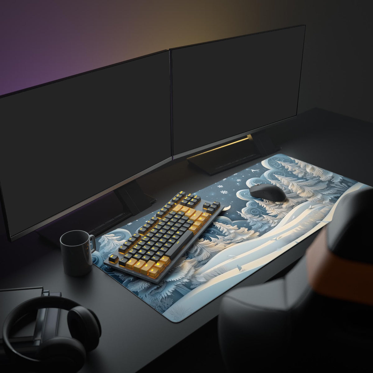 Frosted Forest Kawaii Desk Pad in a dark gaming setup with a mechanical keyboard, a mouse and headphones